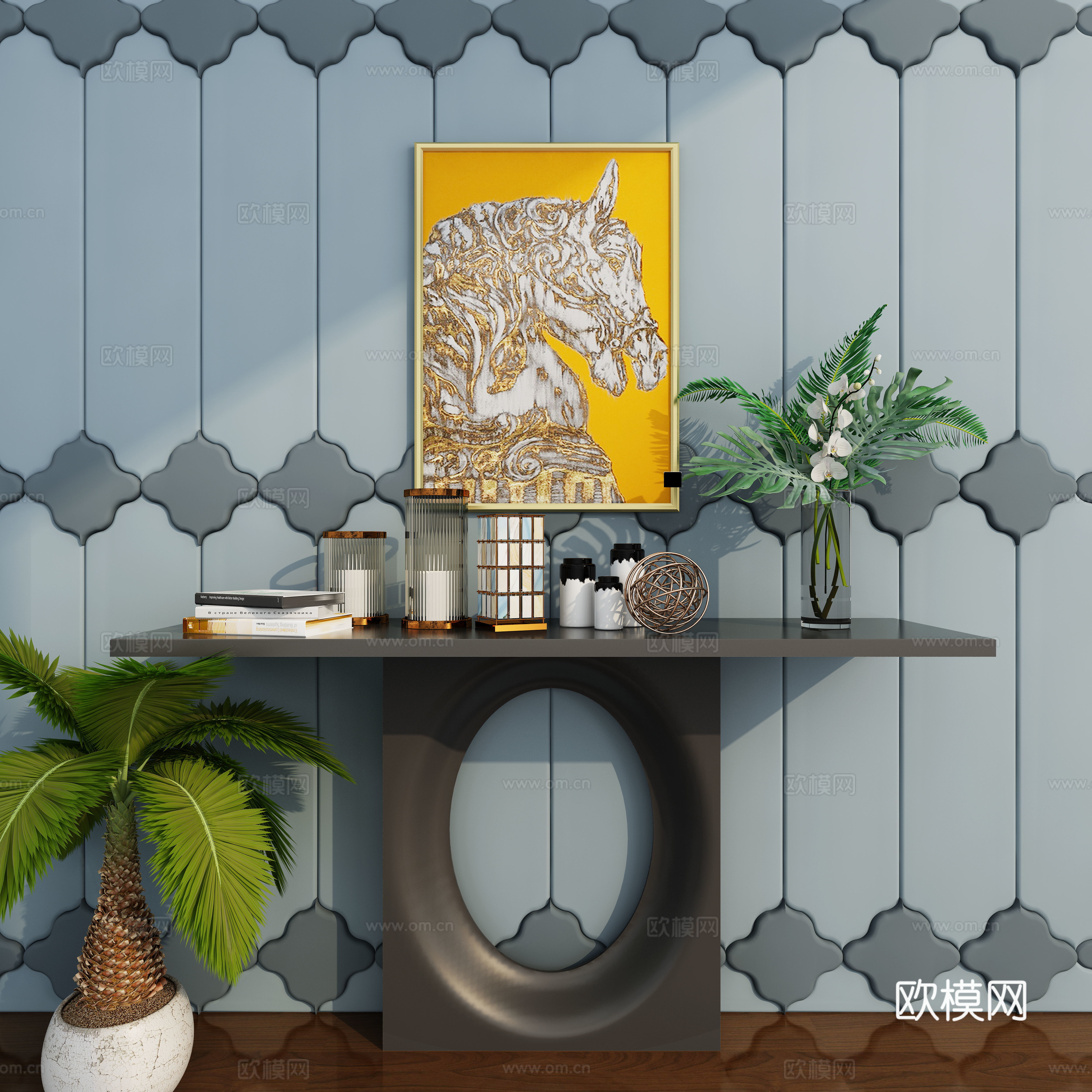 现代端景台 柜子 边柜 玄关柜 装饰品 摆件 挂画 植物3d模型