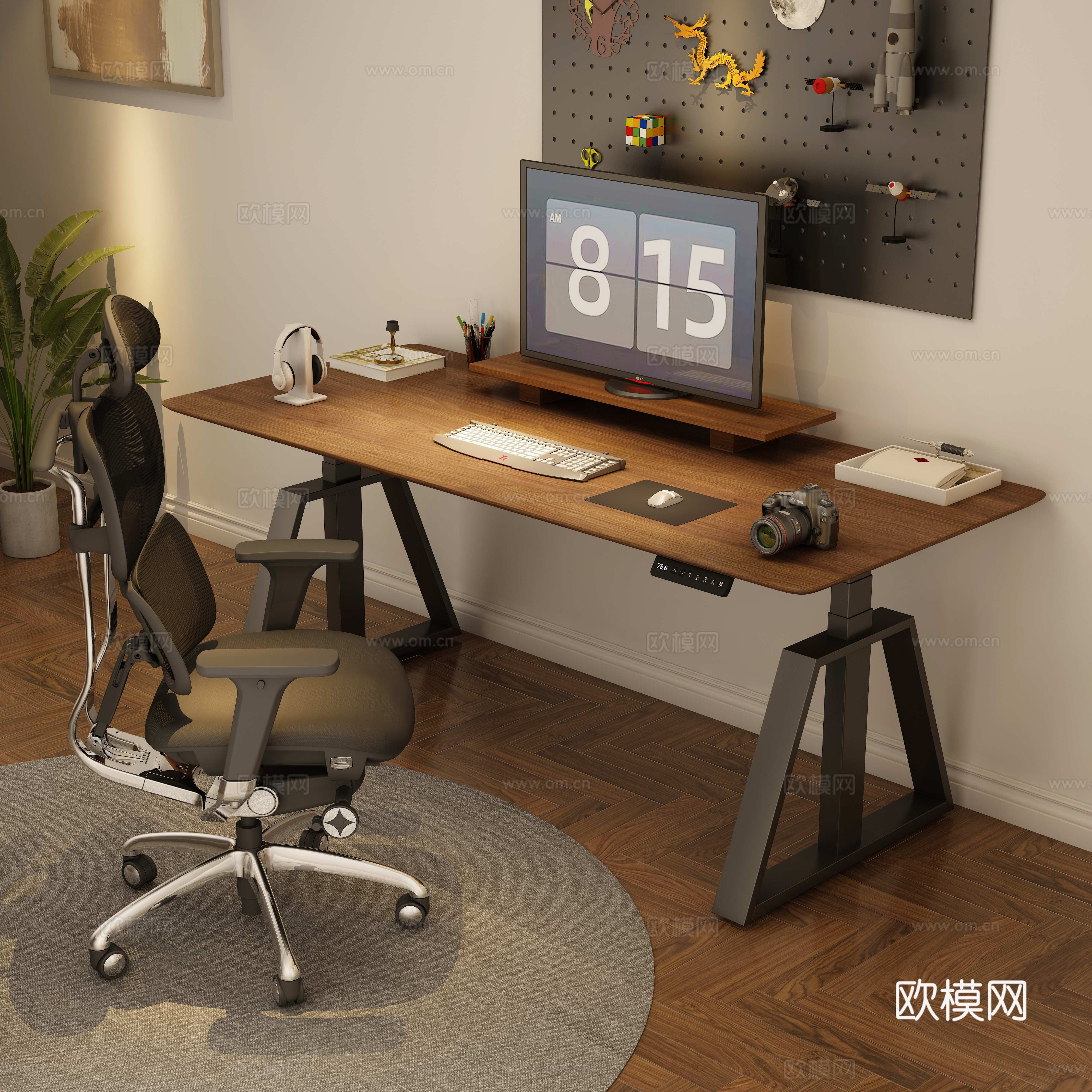 现代书房书屋电脑室 木纹书桌椅子 电脑桌 电脑椅子3d模型