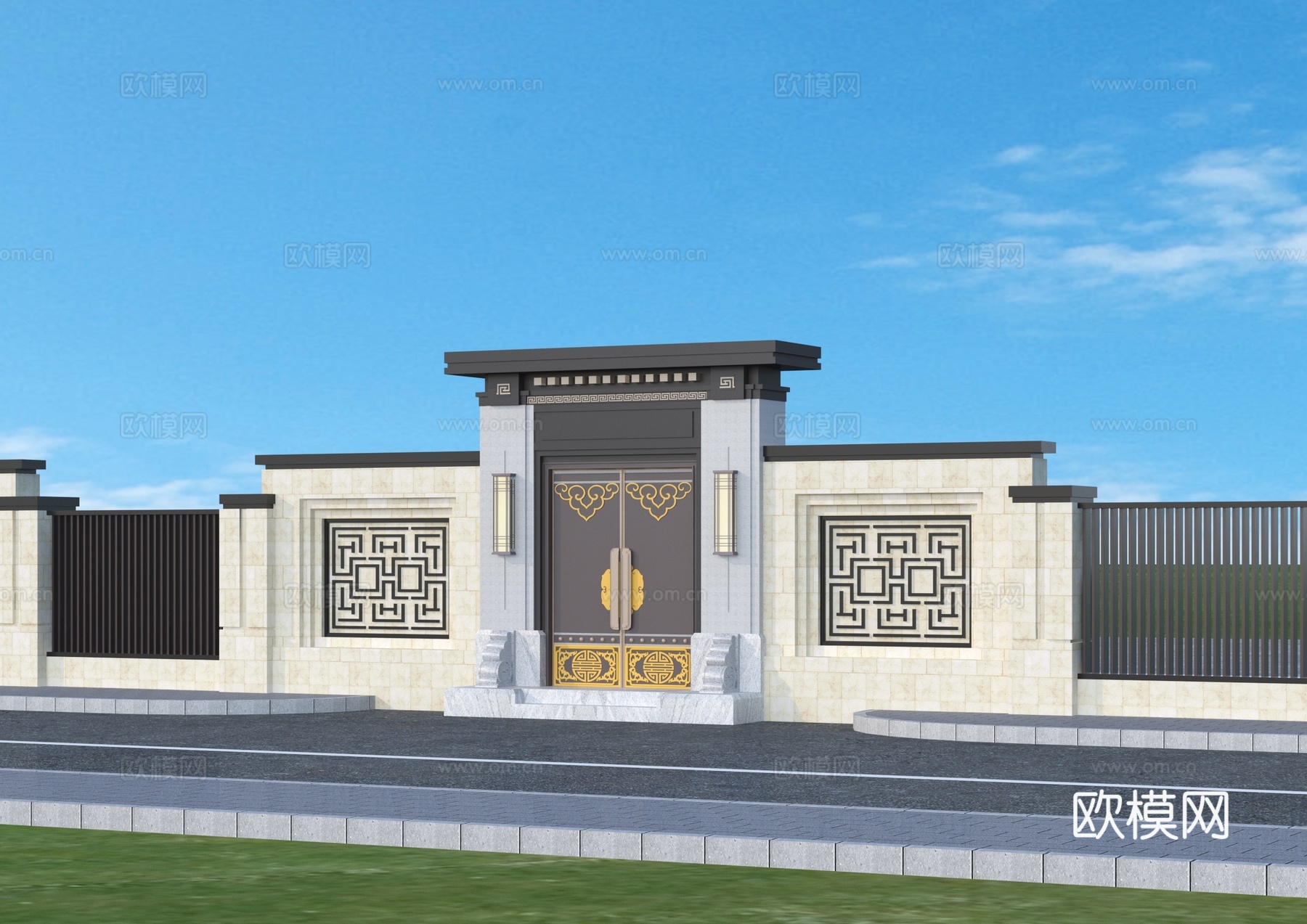 围墙 中式庭院门 别墅大门su模型