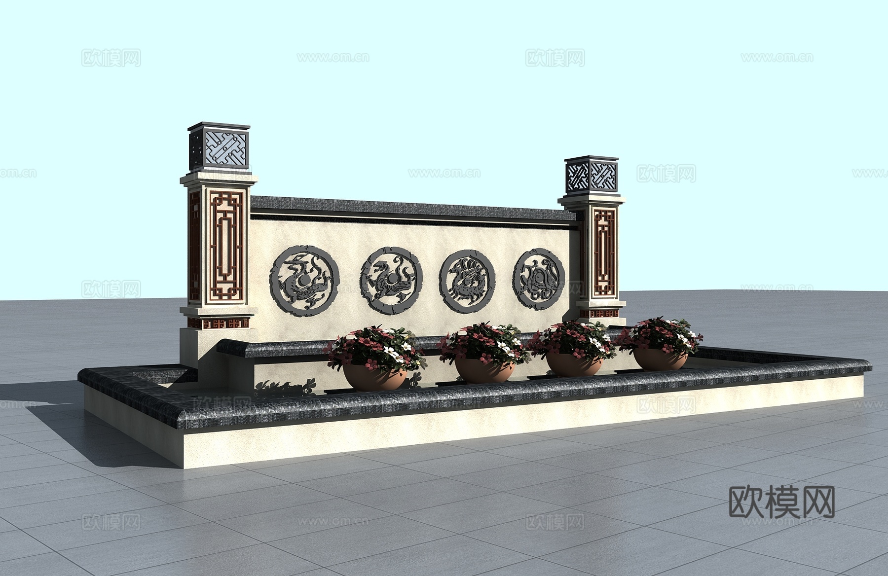 新中式景观 园林小品 围墙3d模型