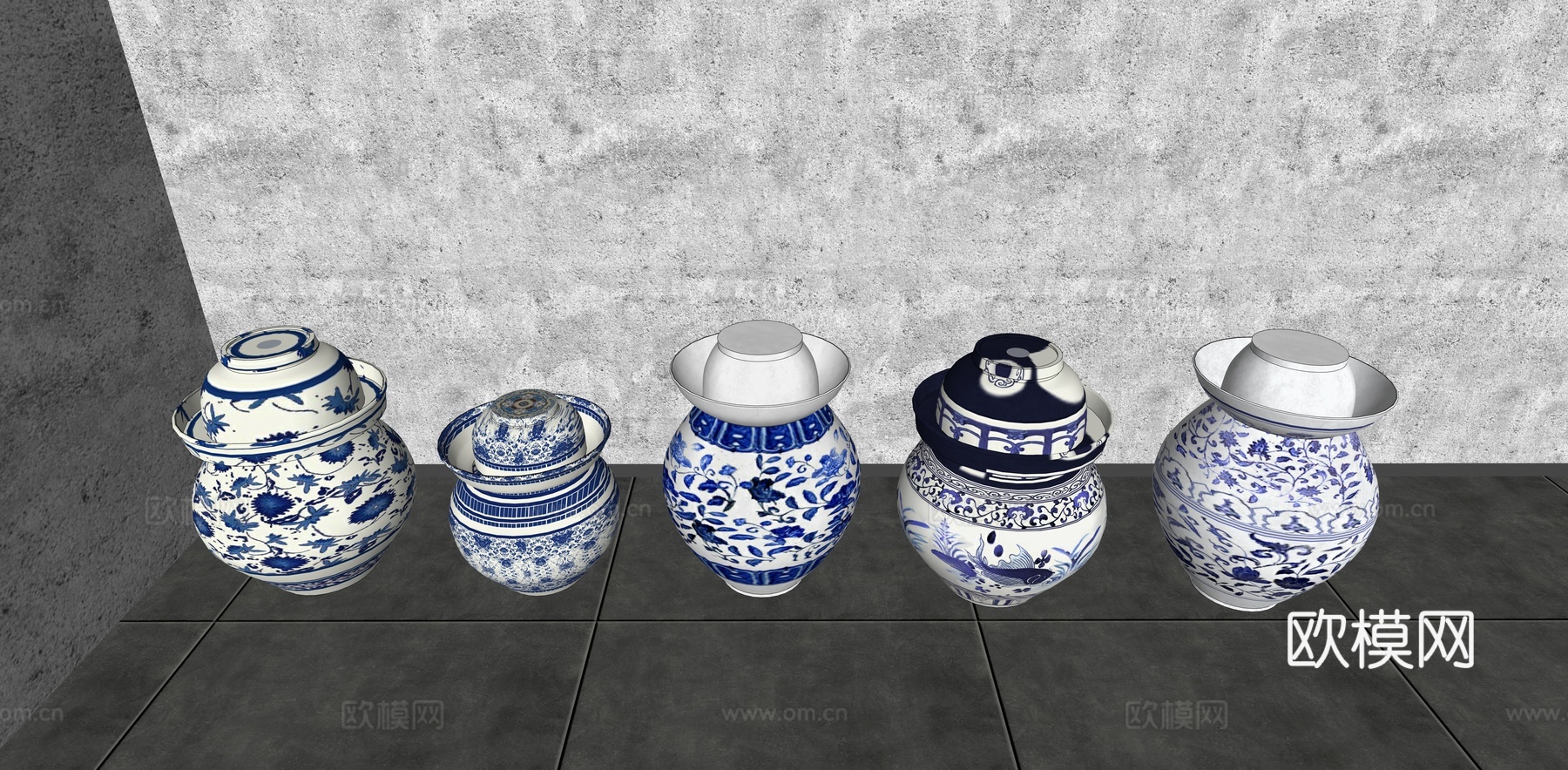 中式泡菜坛 青花瓷坛子 陶罐小品 园艺小品 陶盆 器皿摆件su模型
