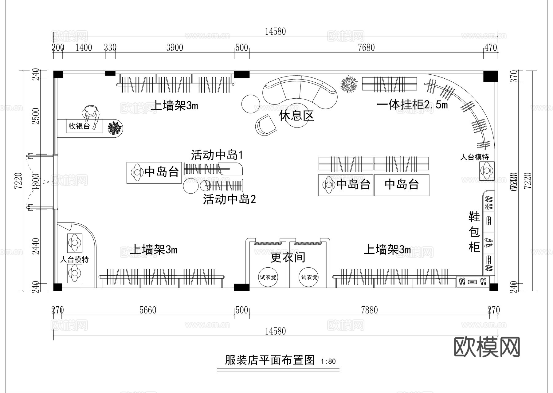 现代服装店平面方案图cad施工图