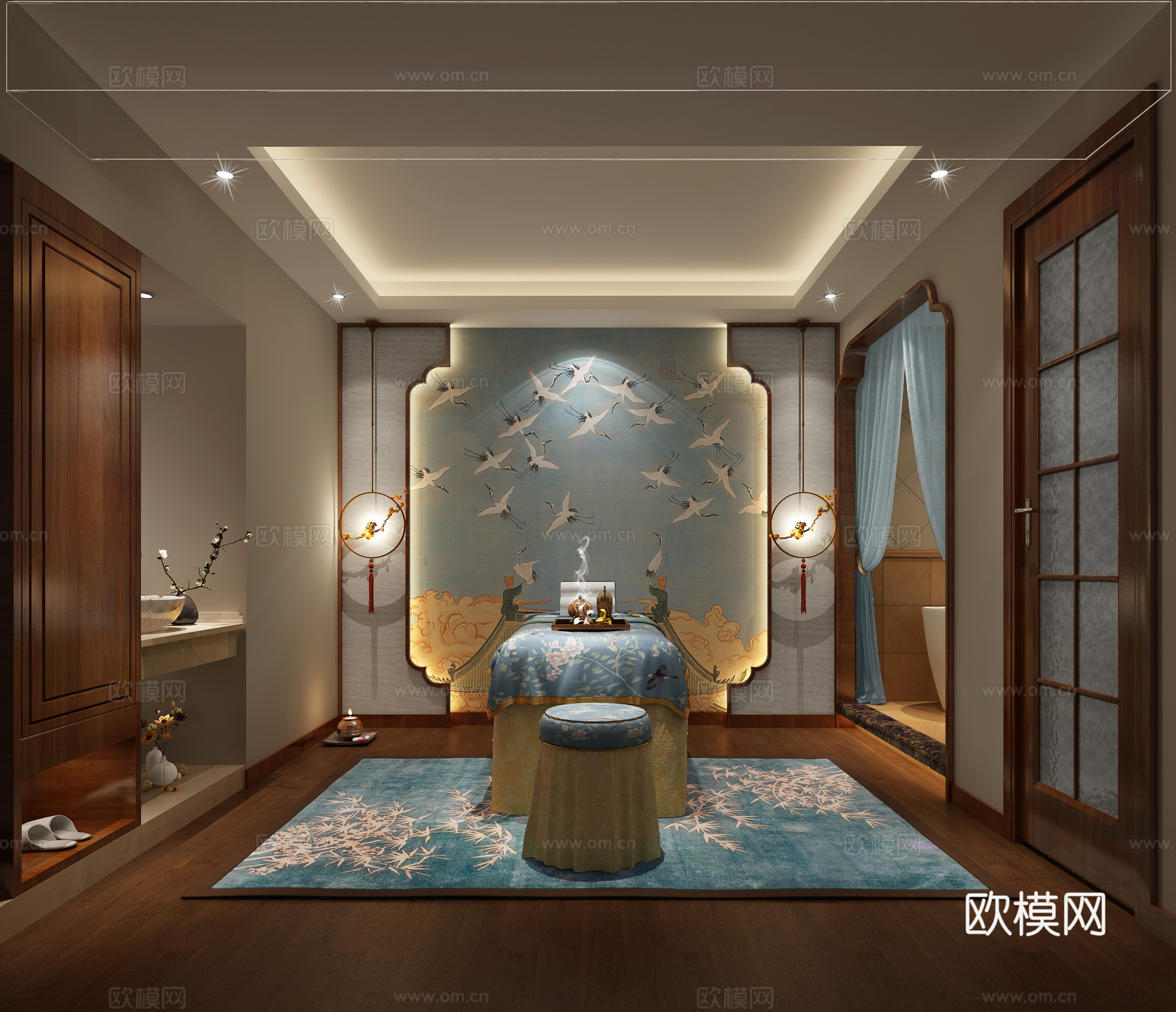 中式美容院 中式背景 艺术吊灯 美容床3d模型