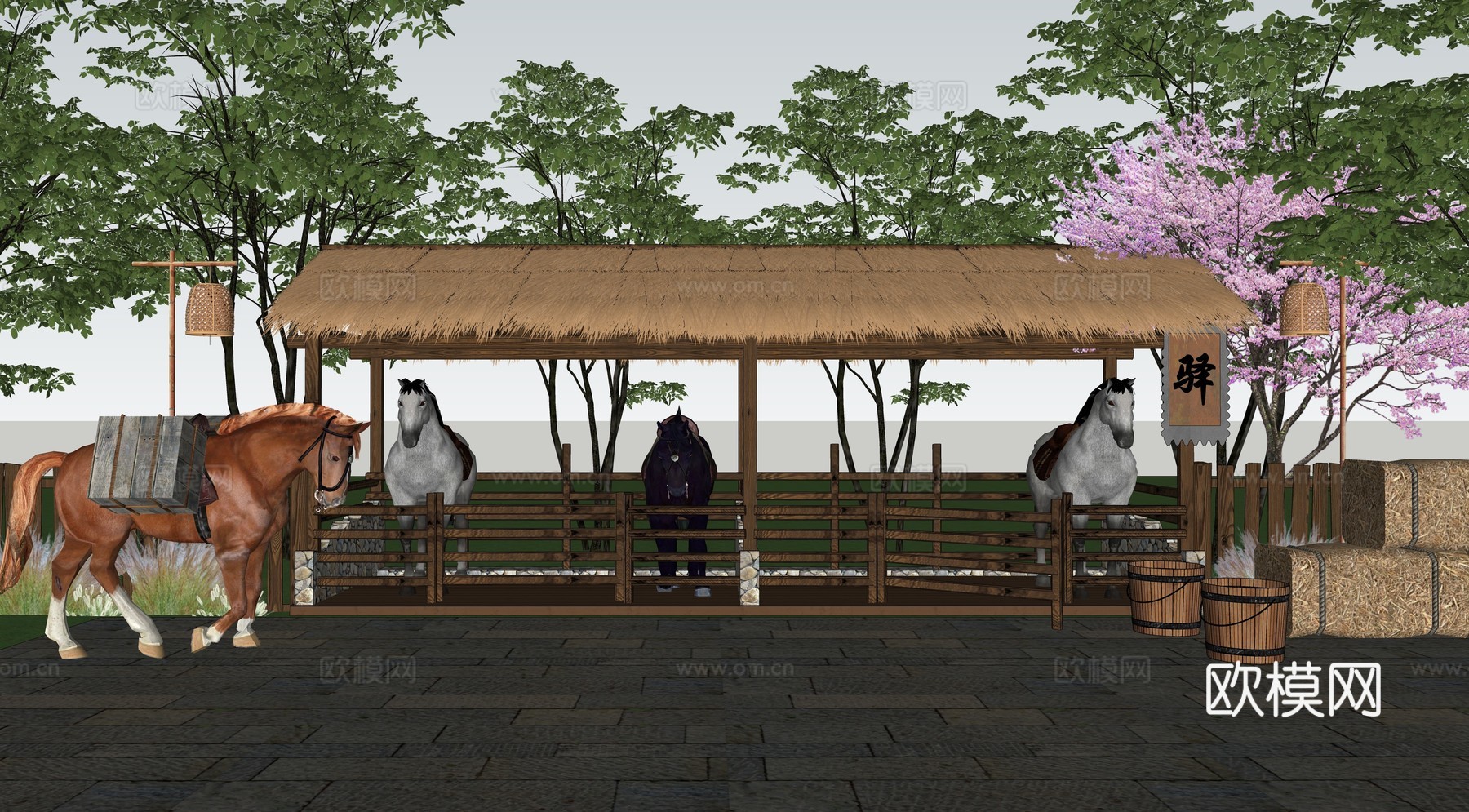 新中式古道驿站 乡村马场 马厩马棚 马匹 茅草饲养廊架 乡村su模型