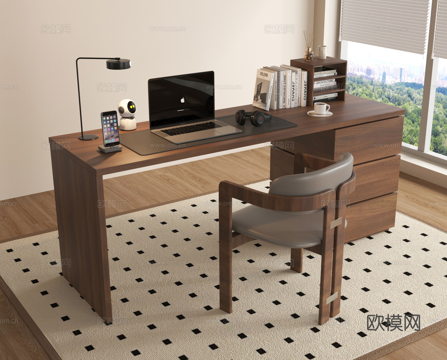 现代办公桌椅 经理办公桌 会议桌椅 电脑 书籍 摆件3d模型下载