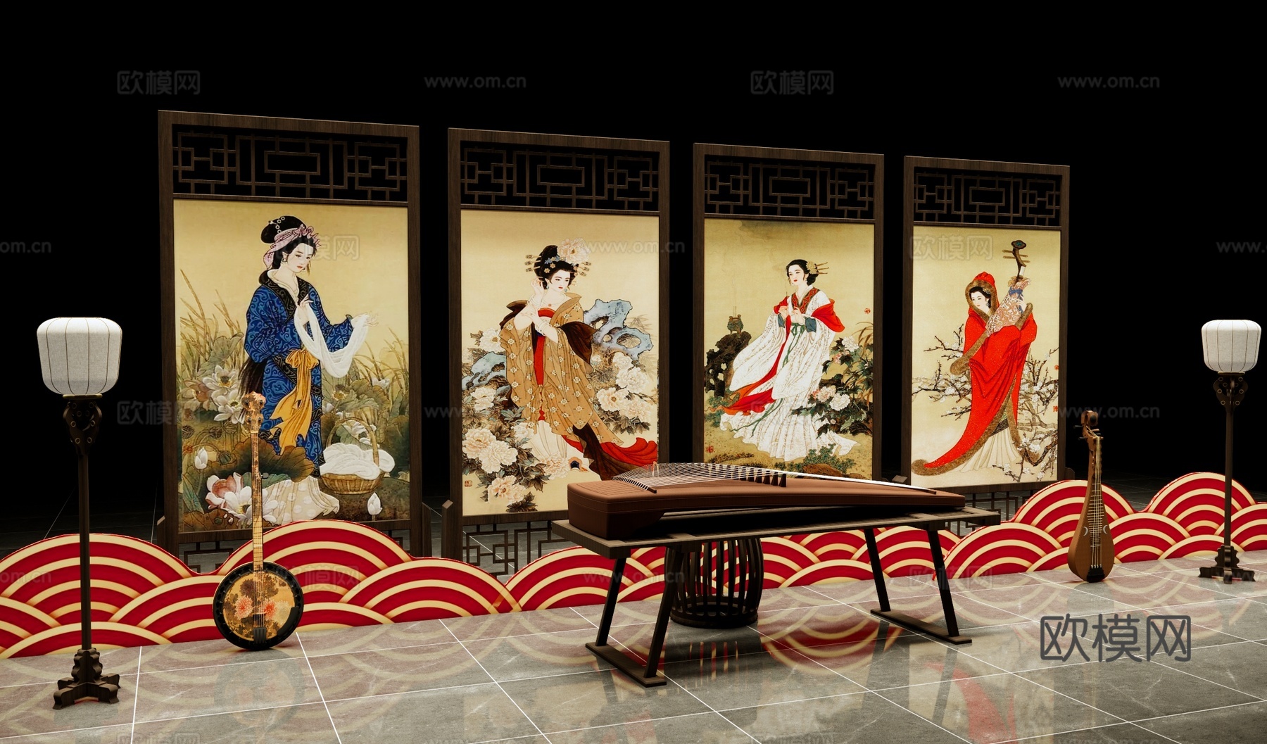 新中式国潮美陈 四大美人屏风展示 古典乐器文化美陈su模型