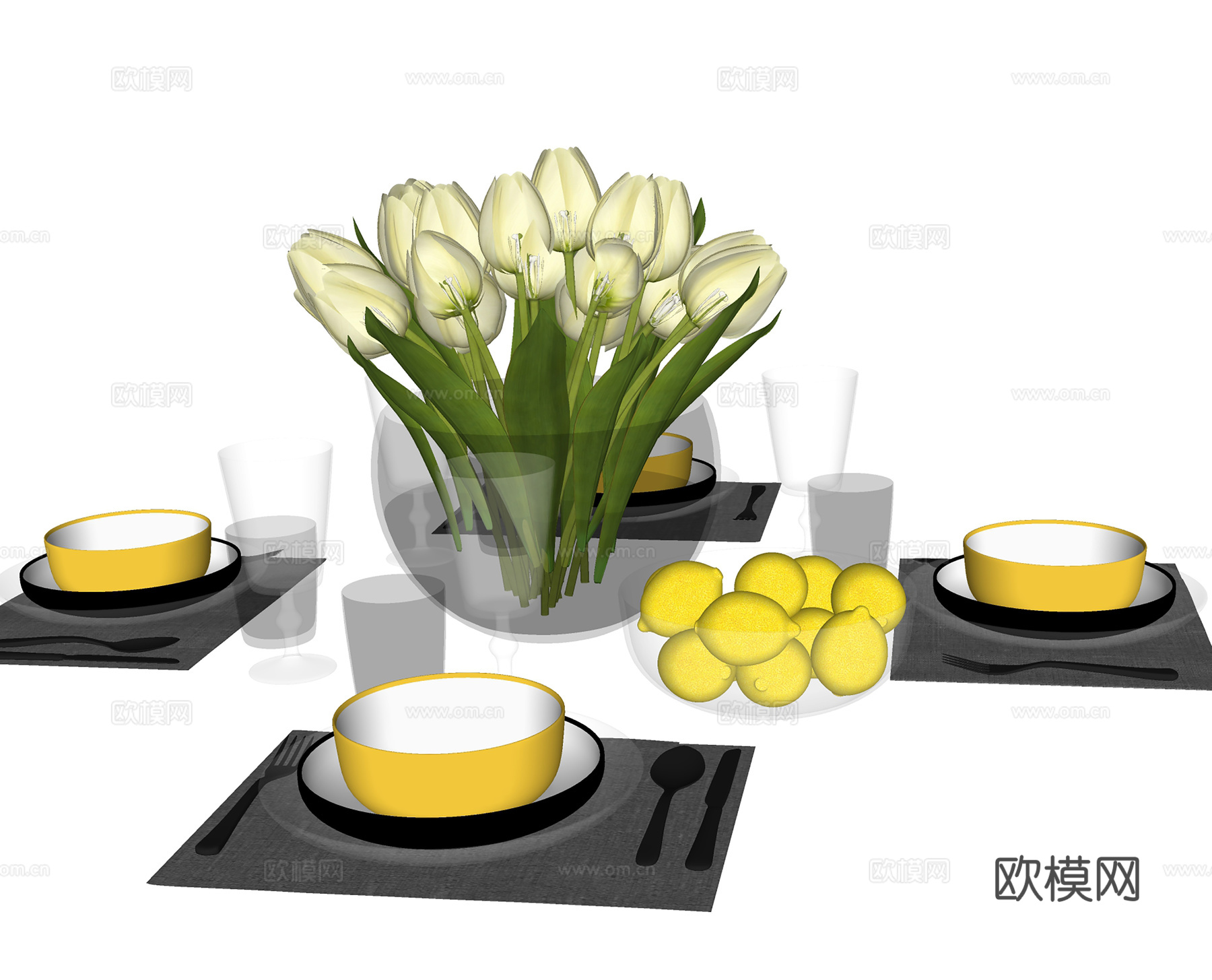 现代厨房用品  餐具碗碟 花瓶花卉su模型