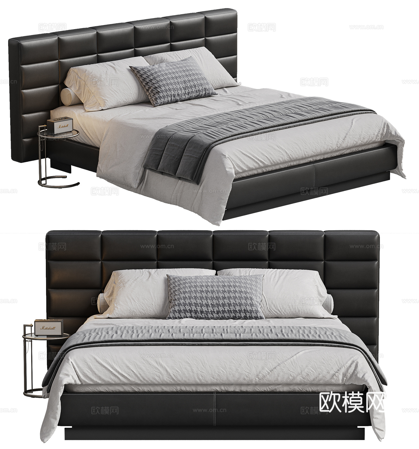 minotti 意式劳伦斯双人床 床品 皮靠背床 边几su模型