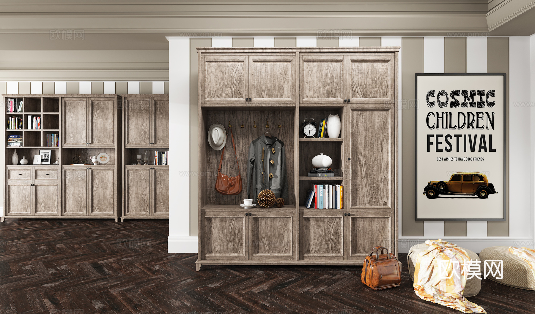 北欧鞋柜衣柜陈设3d模型下载（渲染图1）