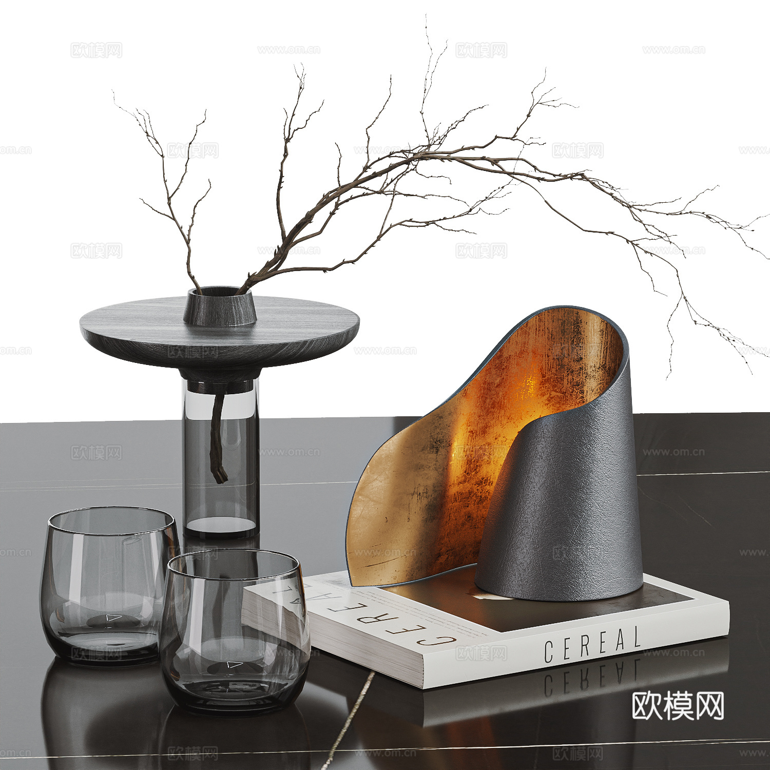 现代意式摆件组合 轻奢摆件 书籍摆件 水杯 花瓶 台灯su模型
