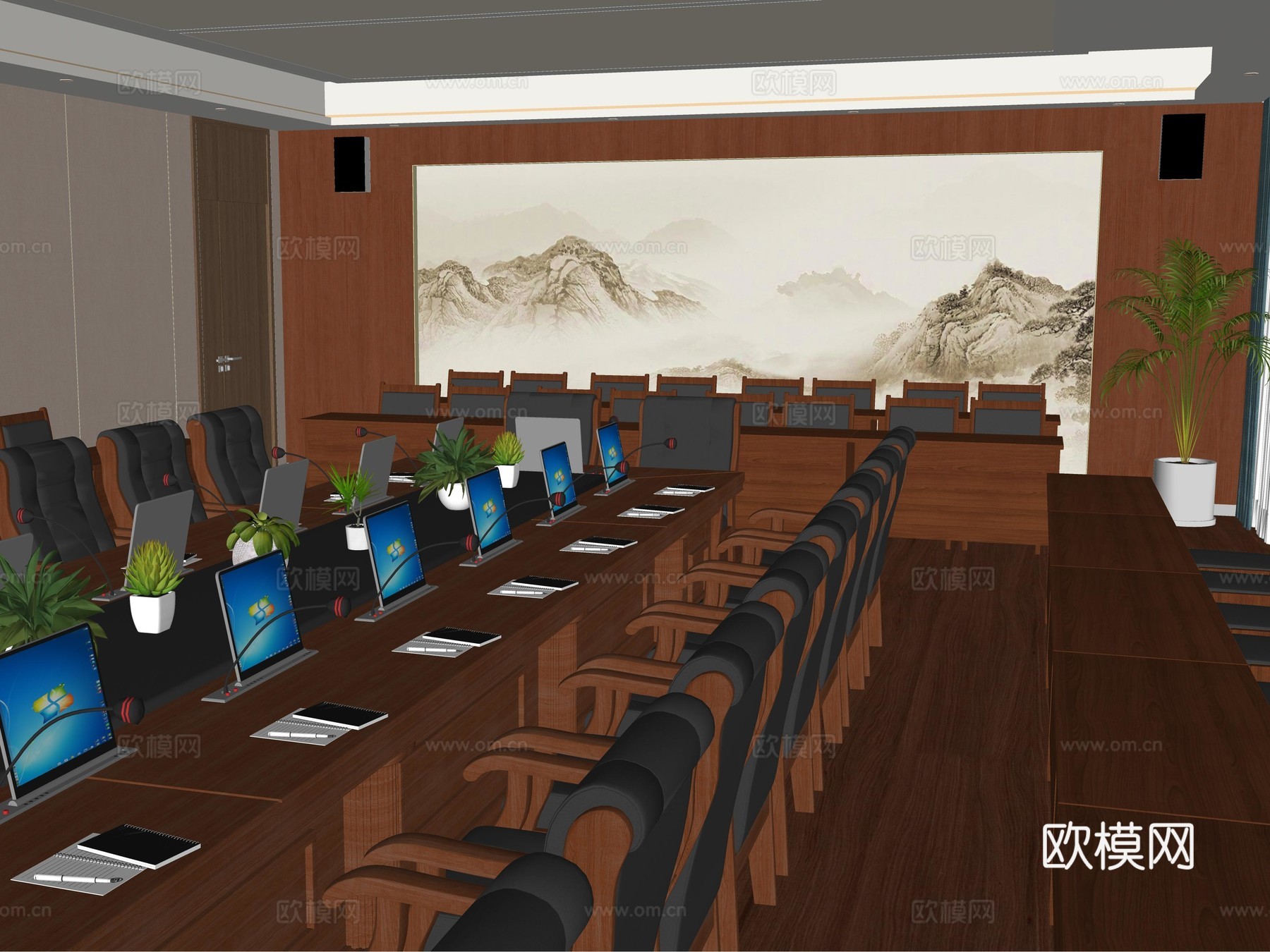 新中式党建会议室洽谈室su模型