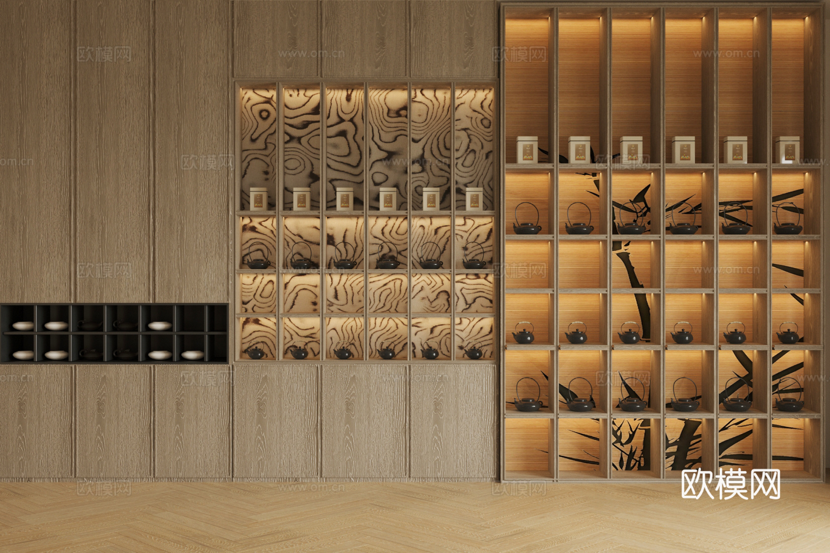新中式禅意茶柜 宋式茶室柜 茶室背景墙 整排茶叶柜 山水画su模型