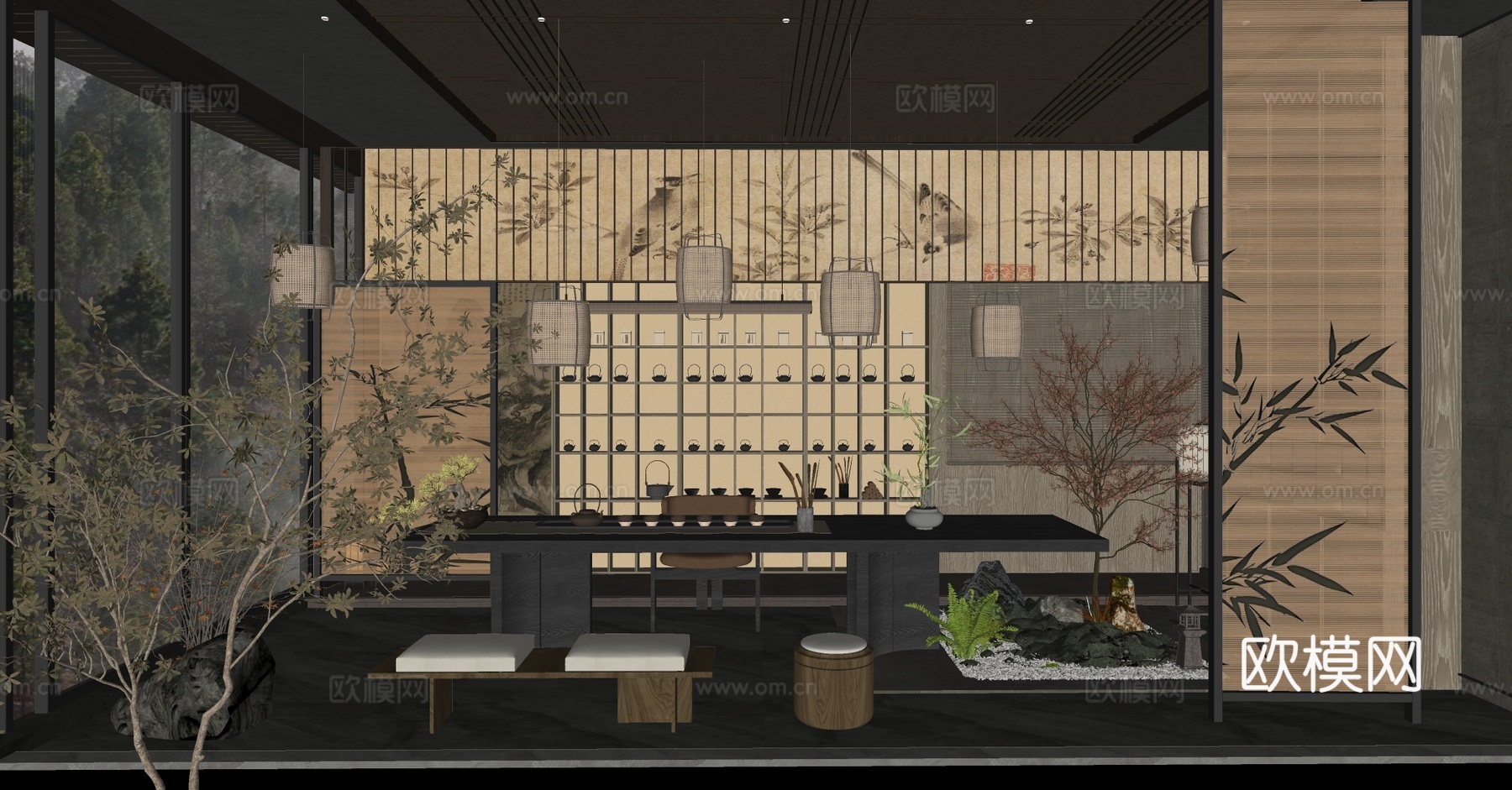 新中式禅意茶室 宋代名宿会所大厅 宋式美学茶室 茶餐厅包厢su模型