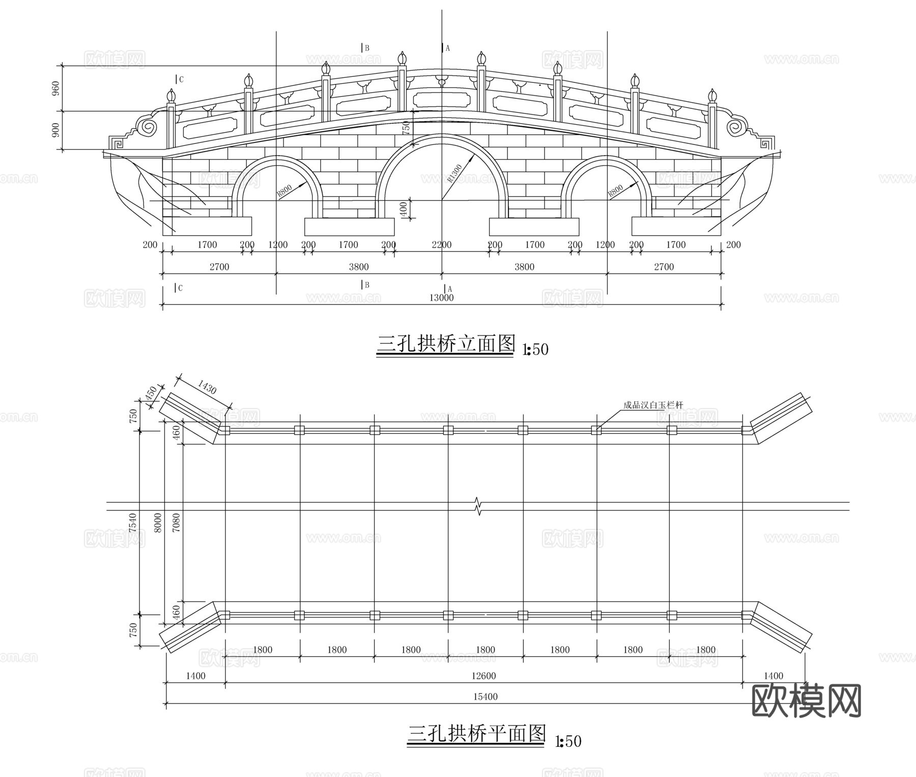 三孔拱桥施工图cad施工图