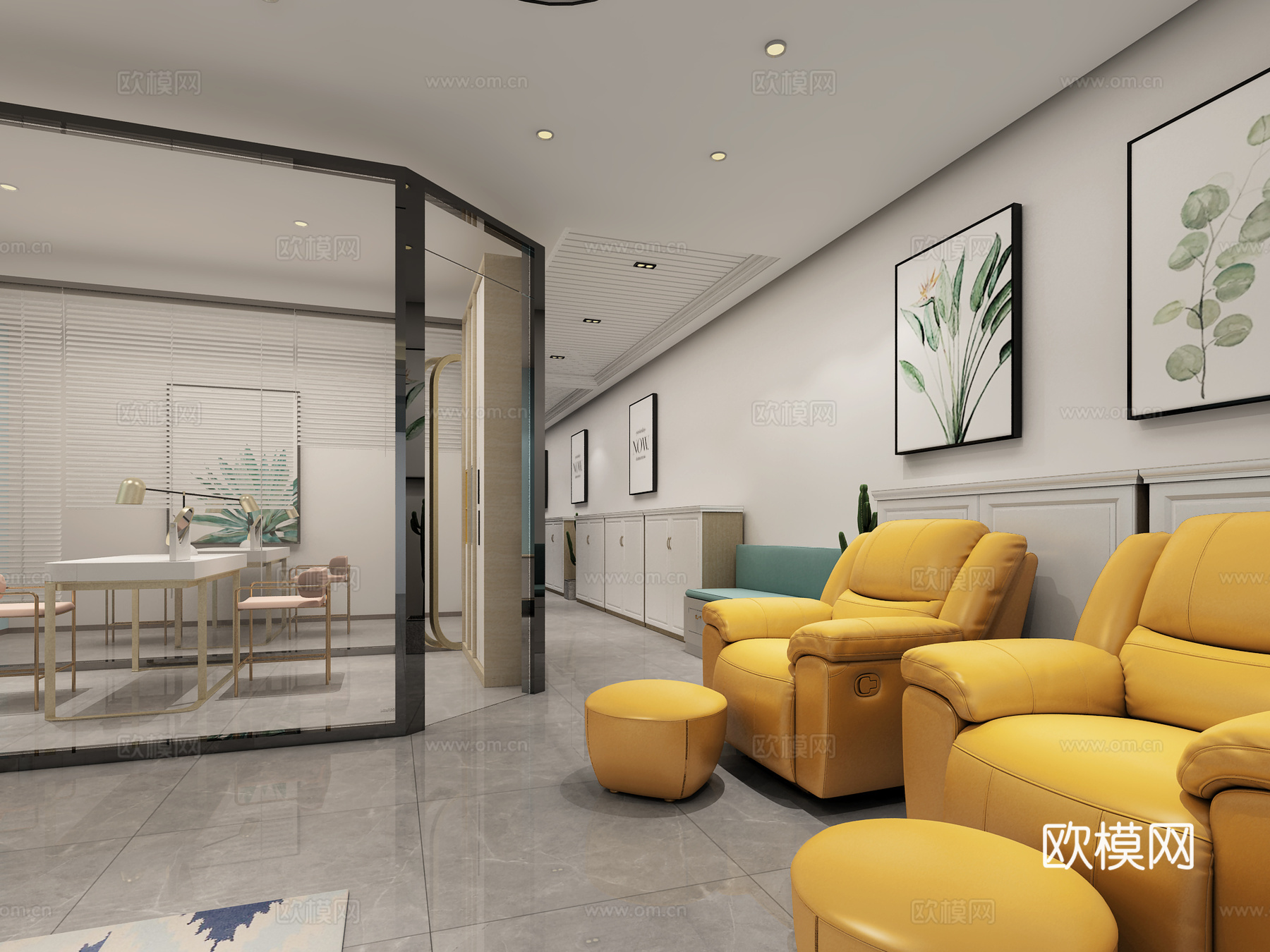 现代美容院接待区 沙发茶几 吊灯 装饰画3d模型