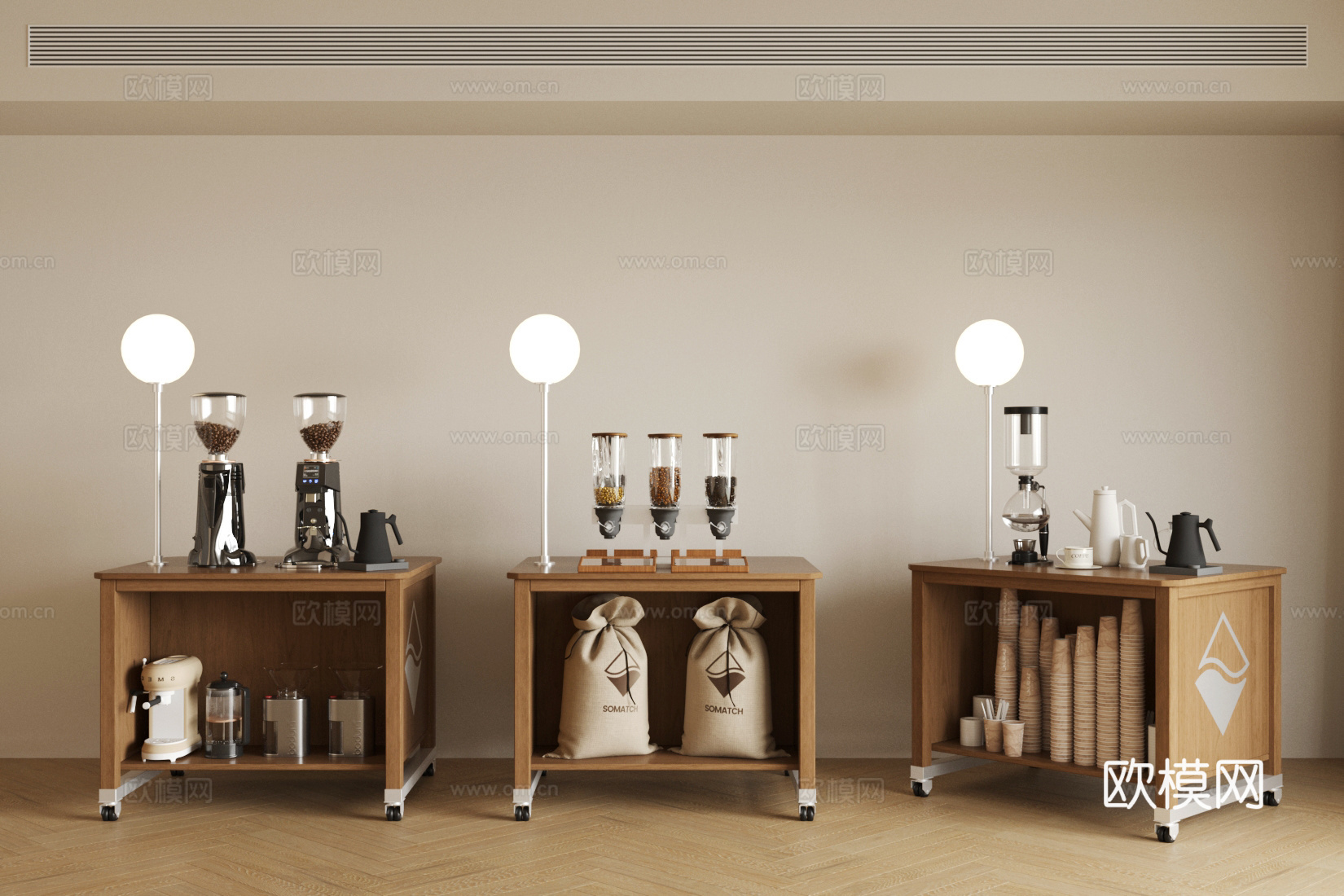 原木风咖啡展示台 咖啡豆摆件组合 展具 咖啡展示柜 咖啡岛台su模型