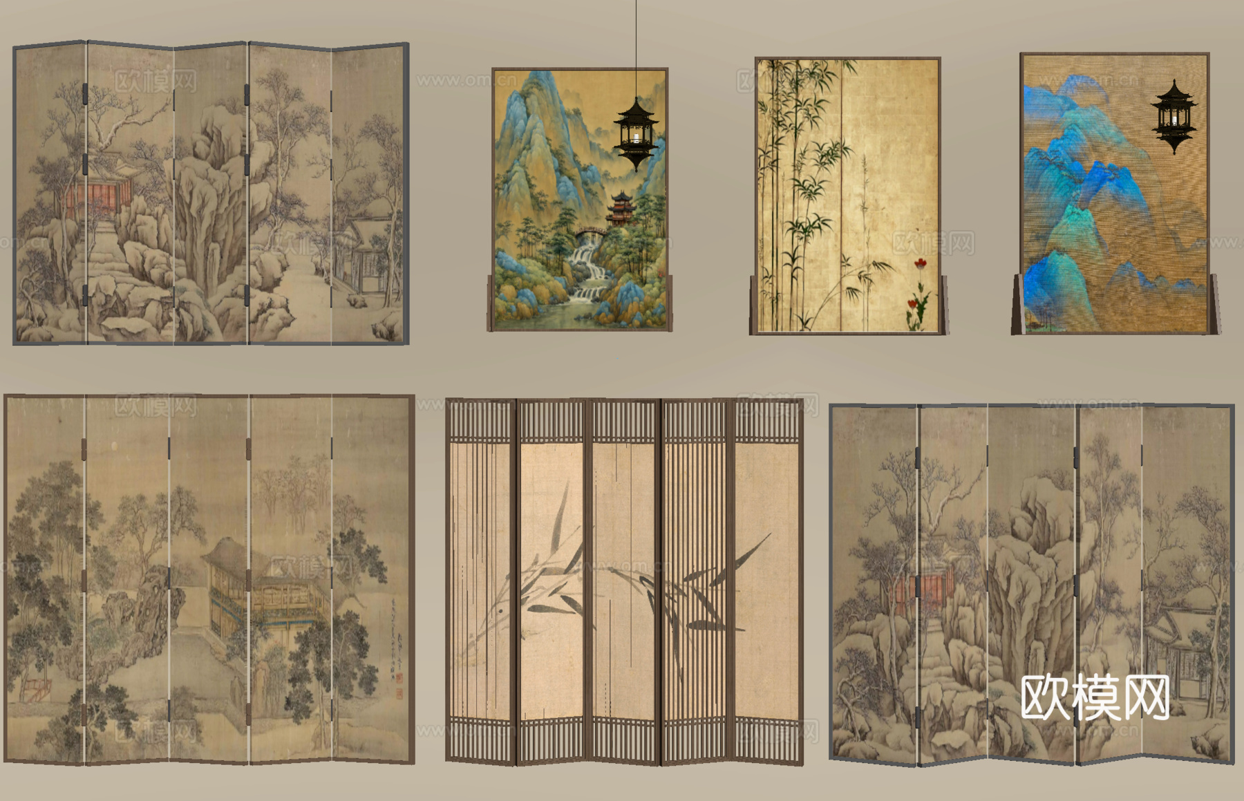 新中式屏风 宋式屏风 木屏风 可折叠屏风 屏风隔断su模型