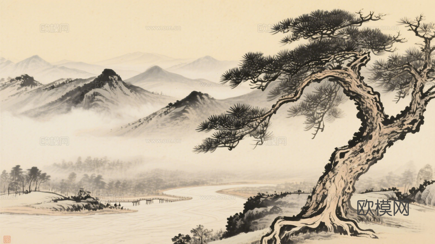 新中式迎客松装饰画 挂画下载