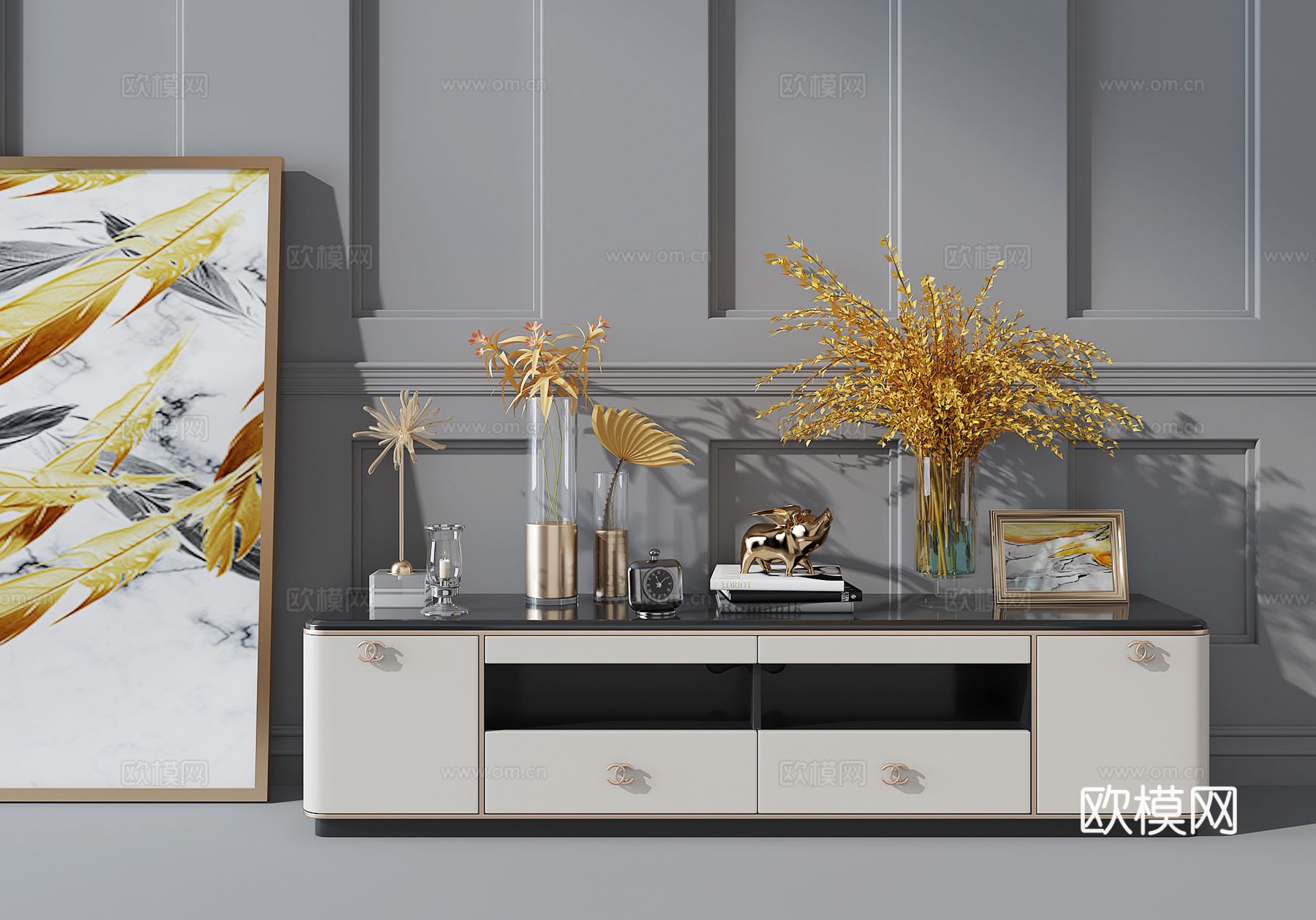 现代轻奢电视柜  花艺 花瓶 挂画3d模型下载