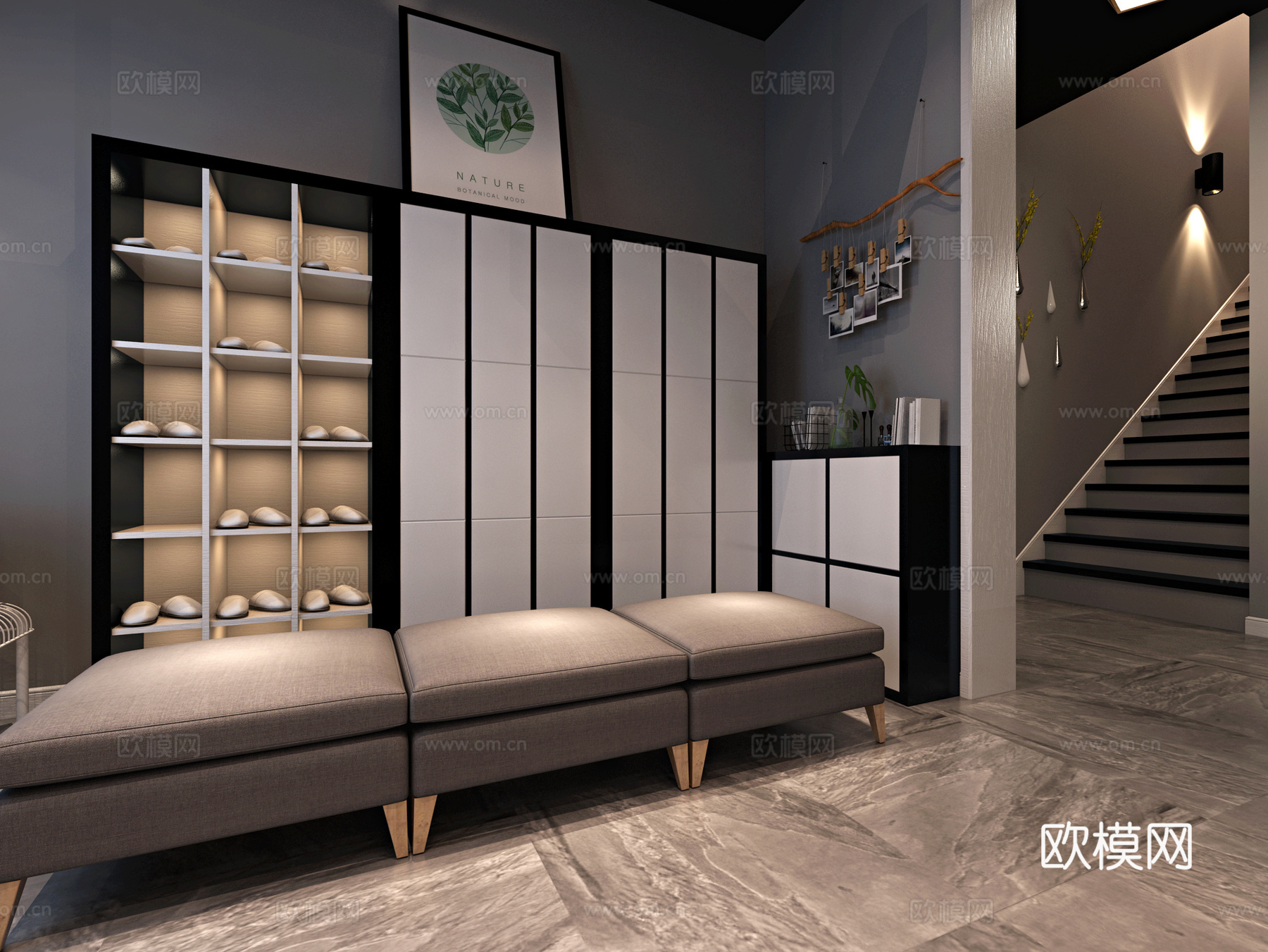 工业风瑜伽馆一楼 前台 沙发 茶几 休闲凳 吊灯3d模型