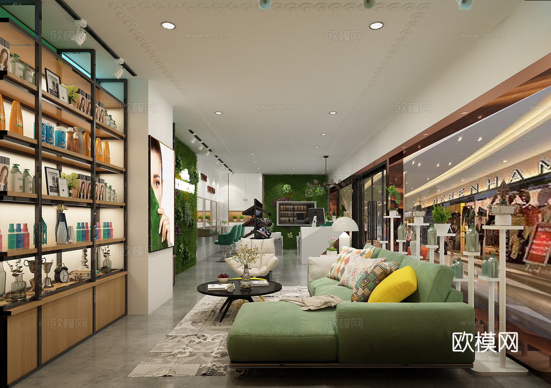 北欧美容美发店 绿植墙  门头  沙发 化妆台 洗头躺椅3d模型