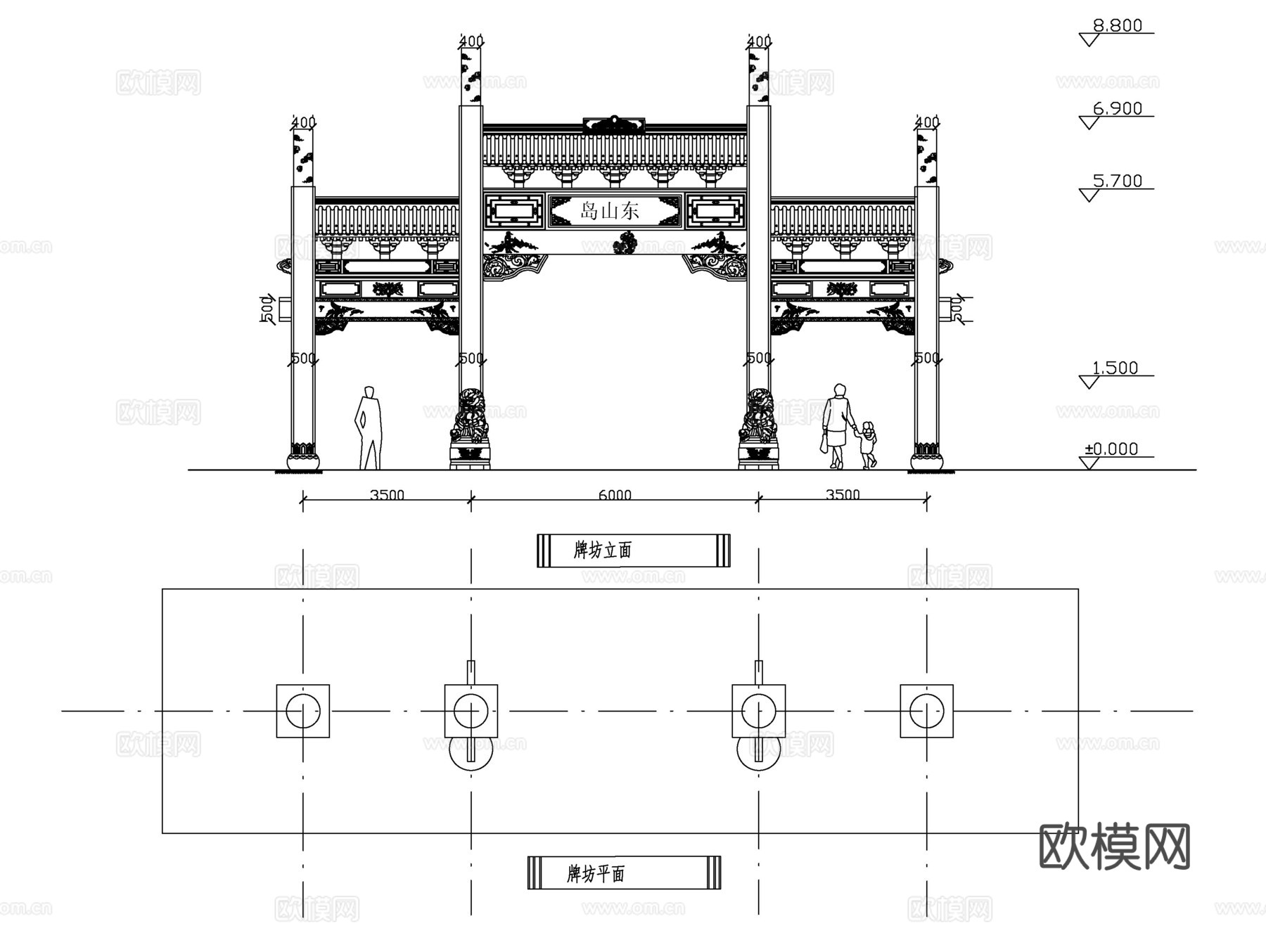 牌坊平、立面施工图cad施工图