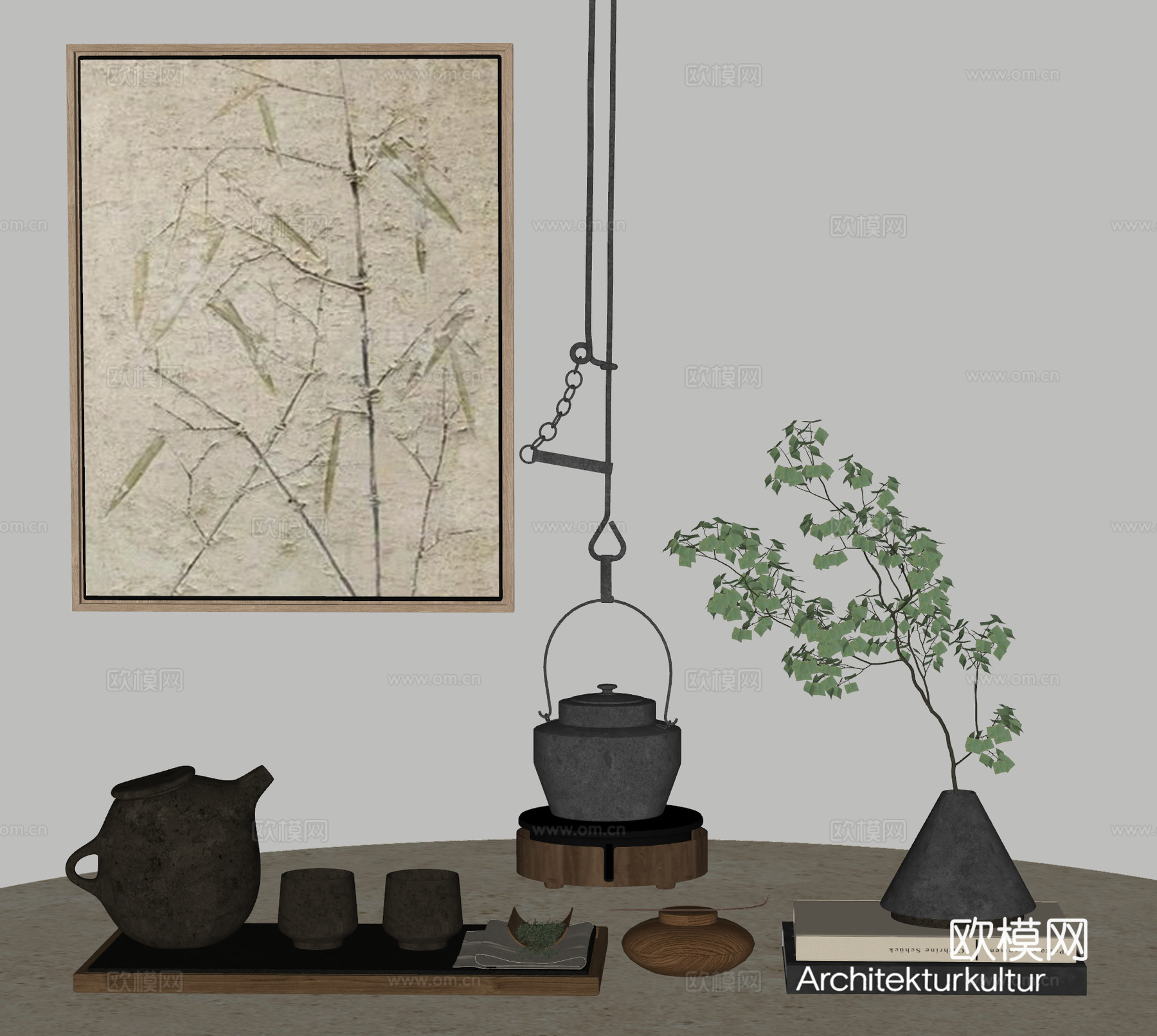 新中式茶具 宋式美学 禅意茶具 摆件组合 挂画su模型