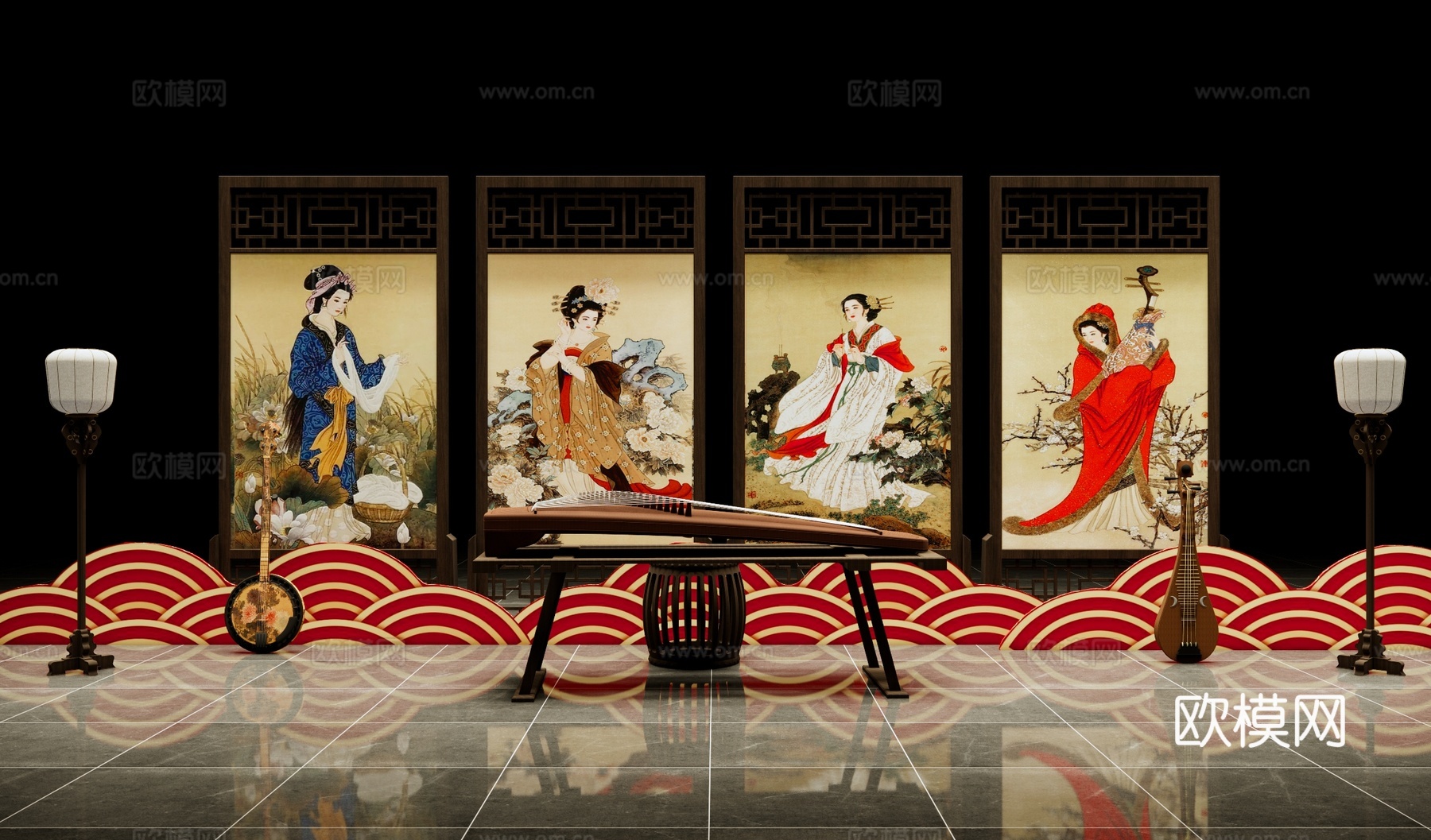 新中式国潮美陈 四大美人屏风展示 古典乐器文化美陈su模型