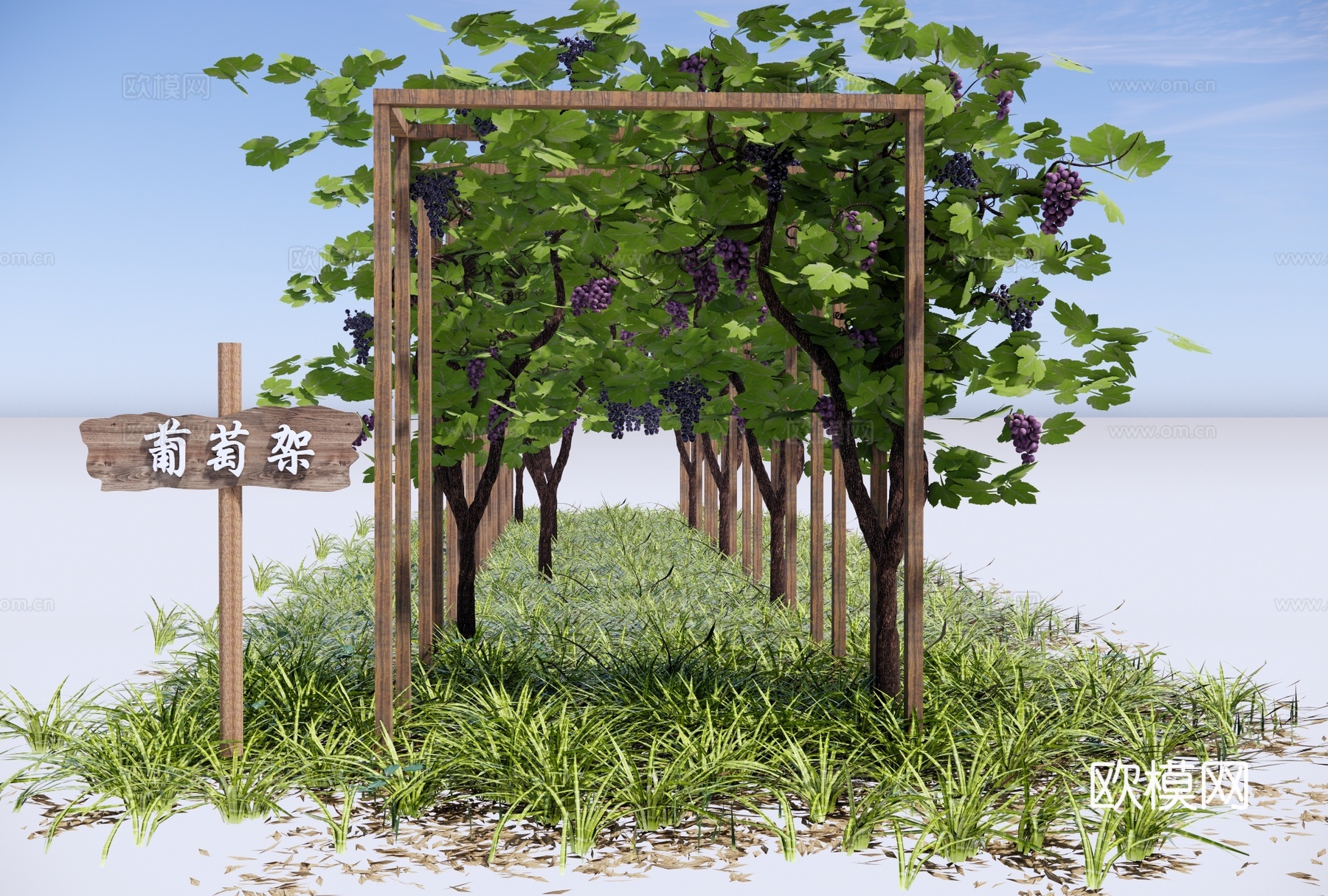 现代葡萄藤廊架 爬藤廊架 藤蔓花架 木质葡萄架su模型