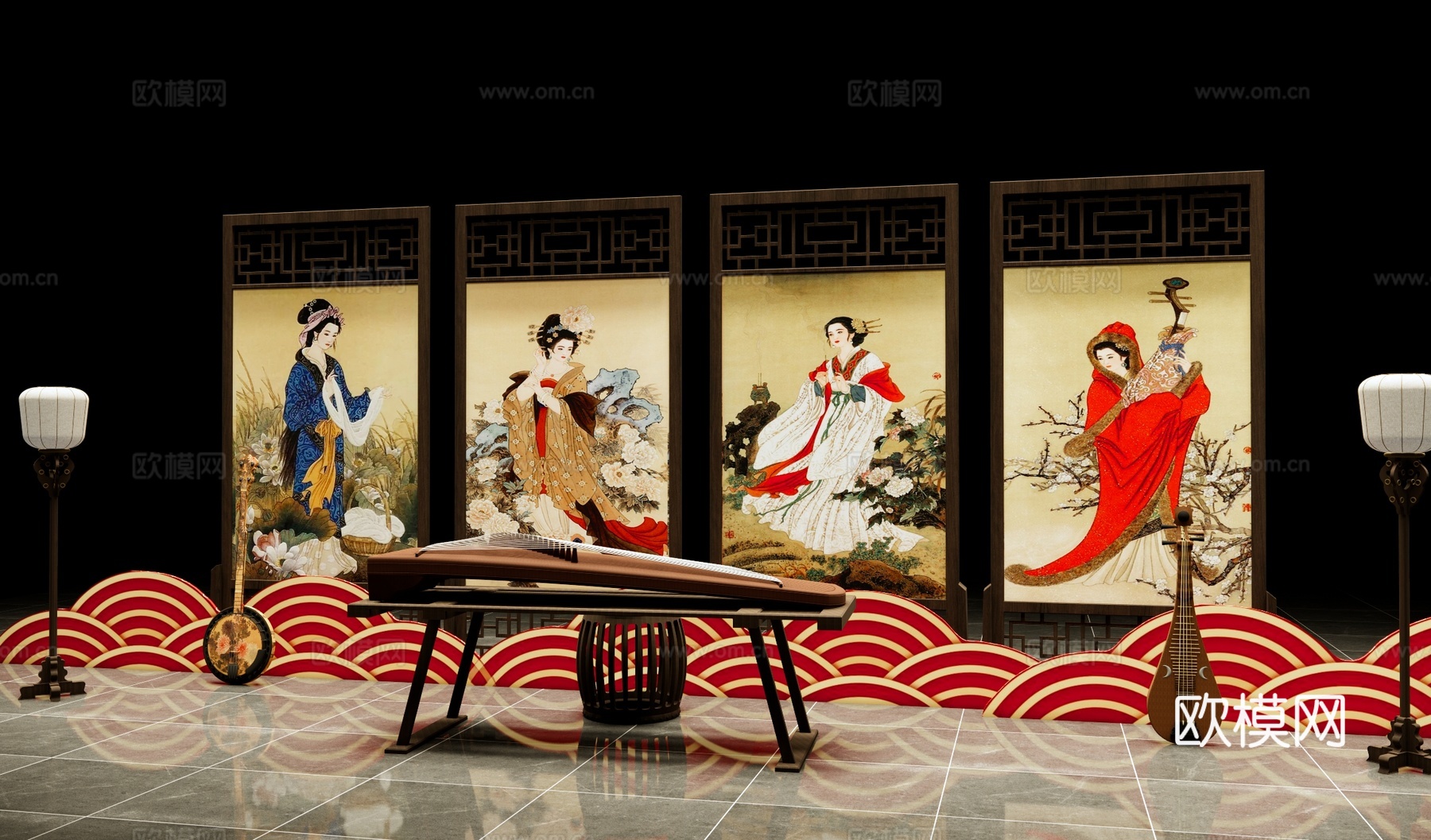 新中式国潮美陈 四大美人屏风展示 古典乐器文化美陈su模型