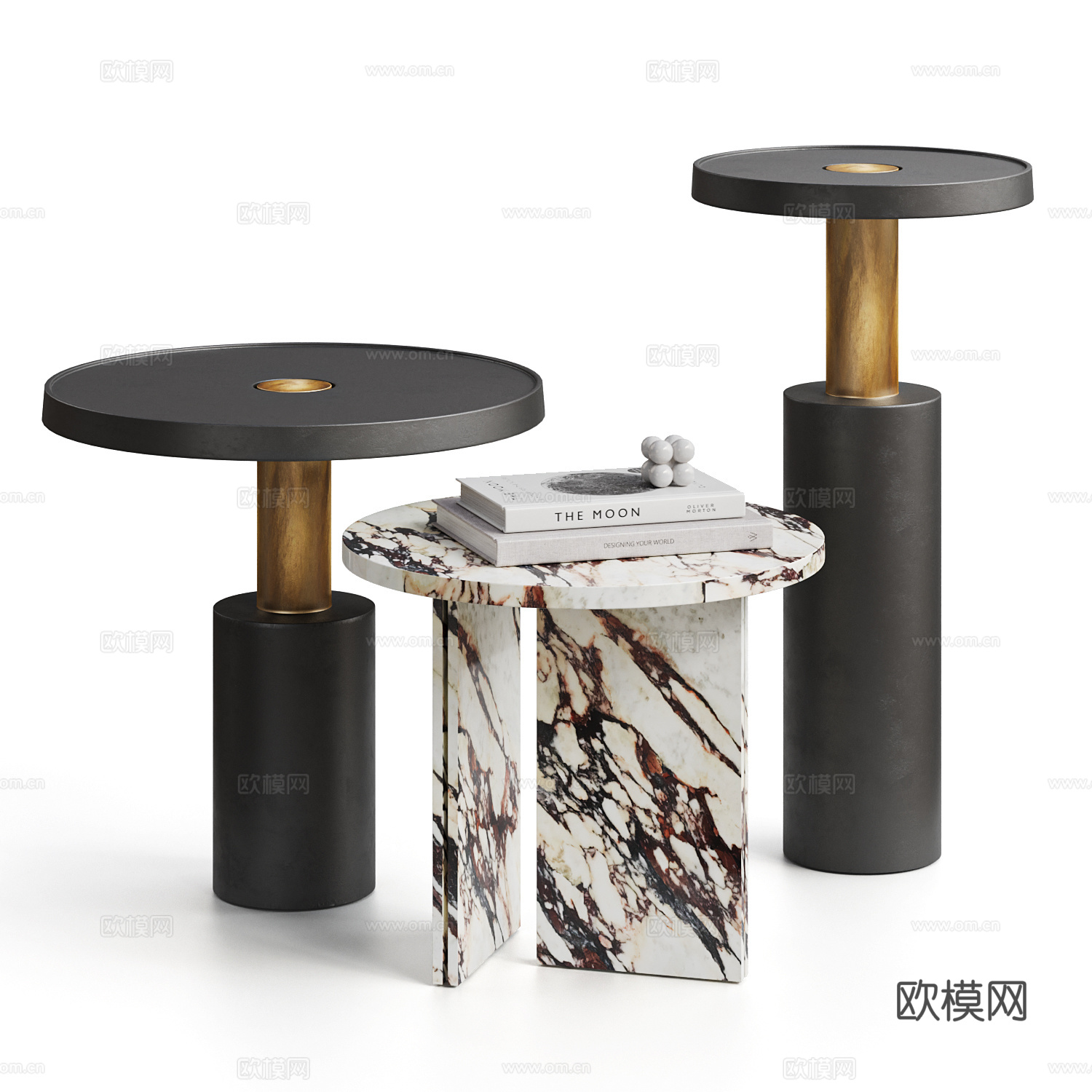 BAXTER现代边几组合 茶几 圆几 书籍摆件 石材边几3d模型
