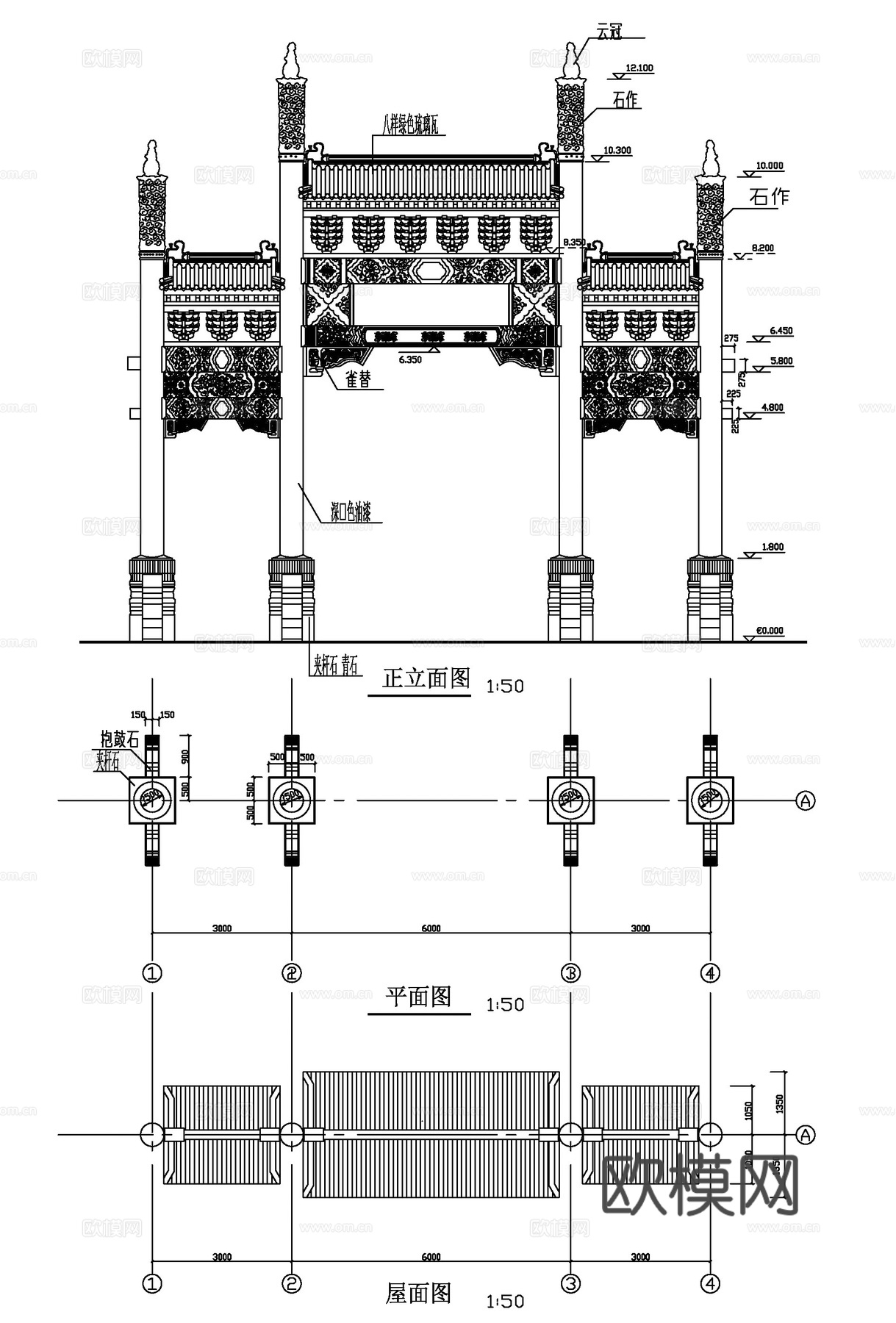 牌楼建筑设计方案图cad施工图