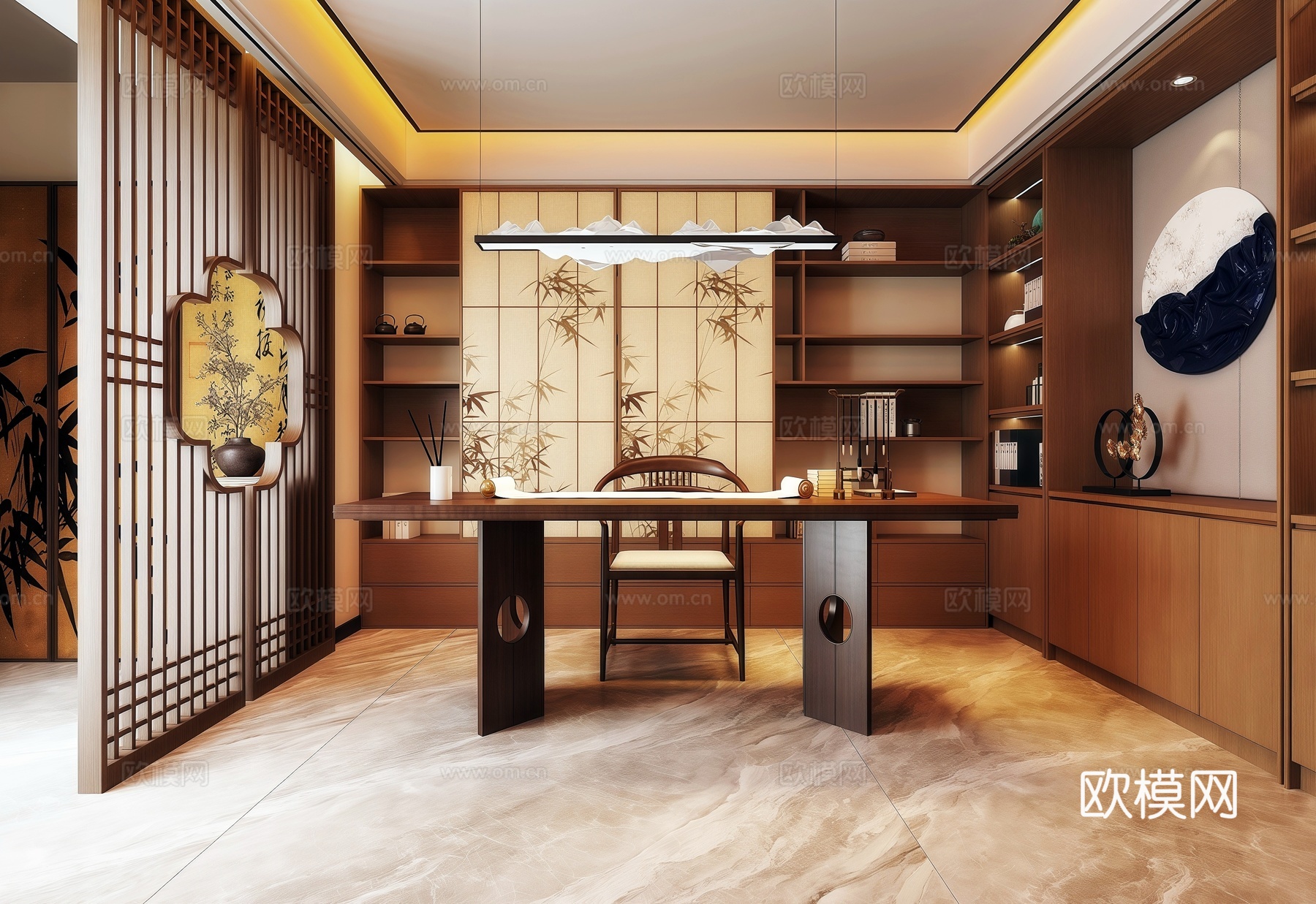 宋式书房 书柜 边柜 书桌椅 隔断屏风 装饰画3d模型