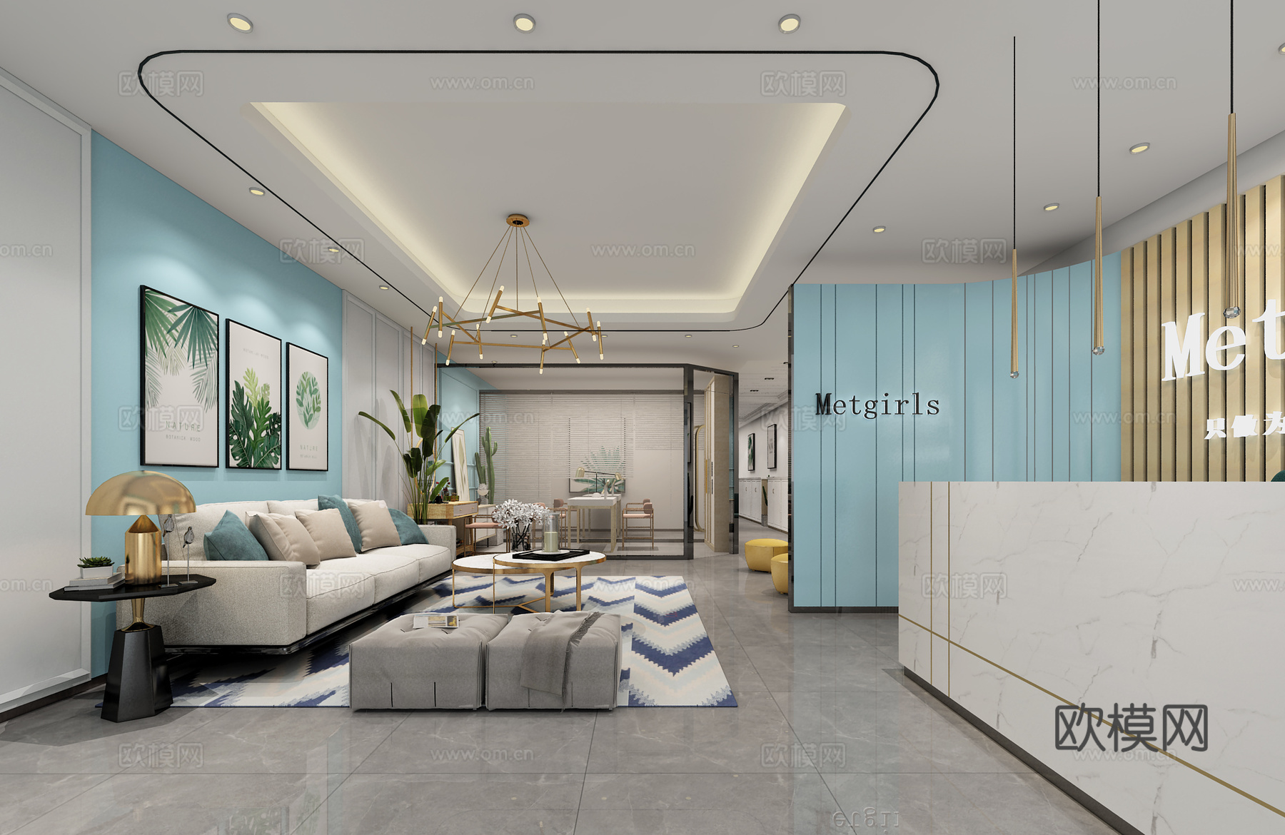 现代美容院接待区 沙发茶几 吊灯 装饰画3d模型