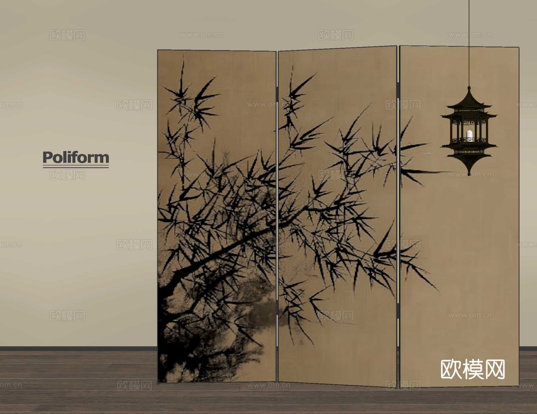 新中式屏风隔断 可折叠屏风 木材 吊灯su模型