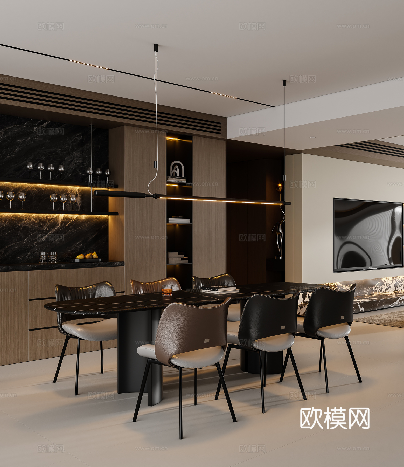 现代意式餐厅 餐桌椅 吊灯 酒柜 餐边柜su模型