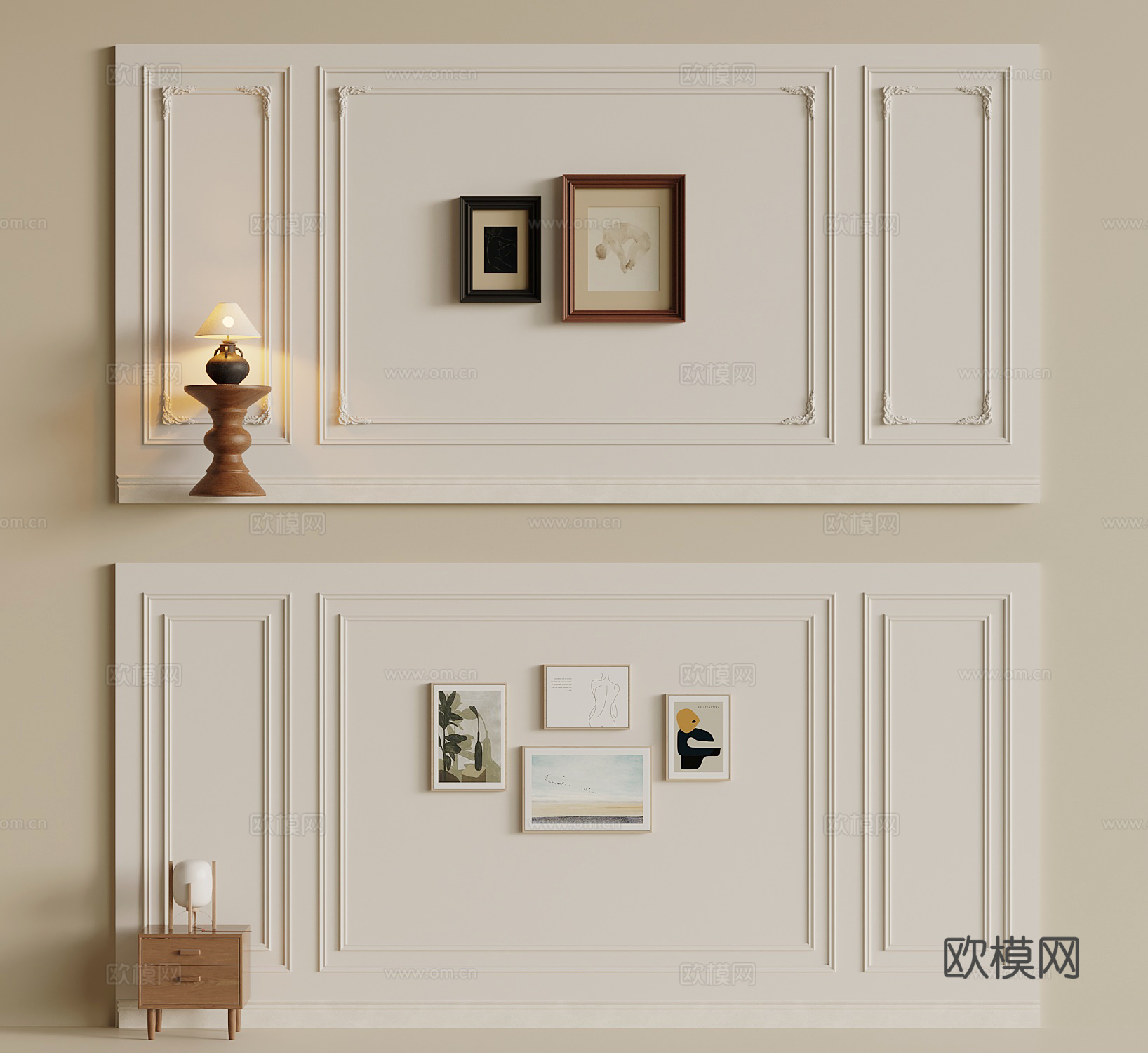 法式沙发背景墙 法式装饰画 边几 线条墙板3d模型