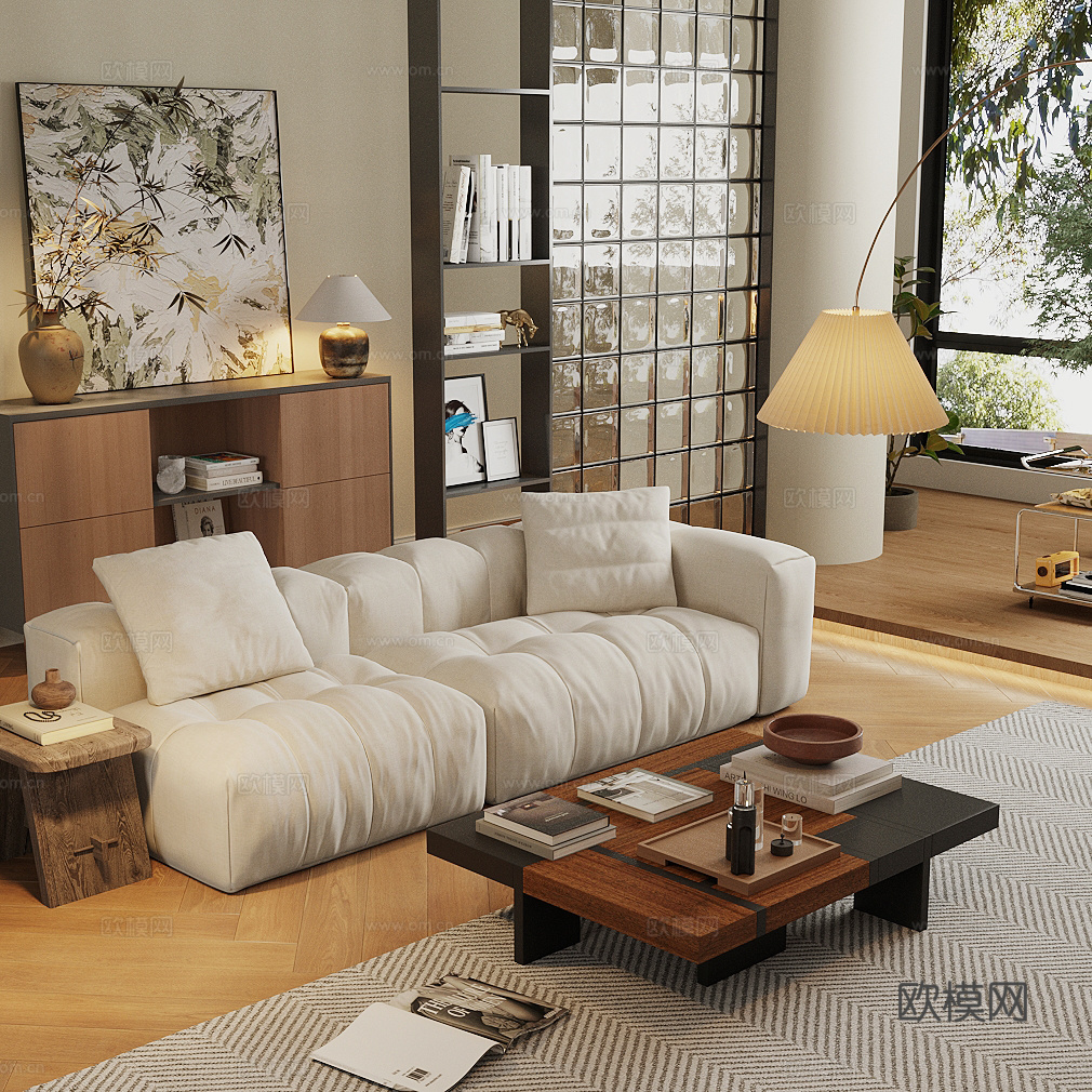 中古风沙发组合 沙发茶几组合 中古风客厅 皮革沙发 白色沙发3d模型