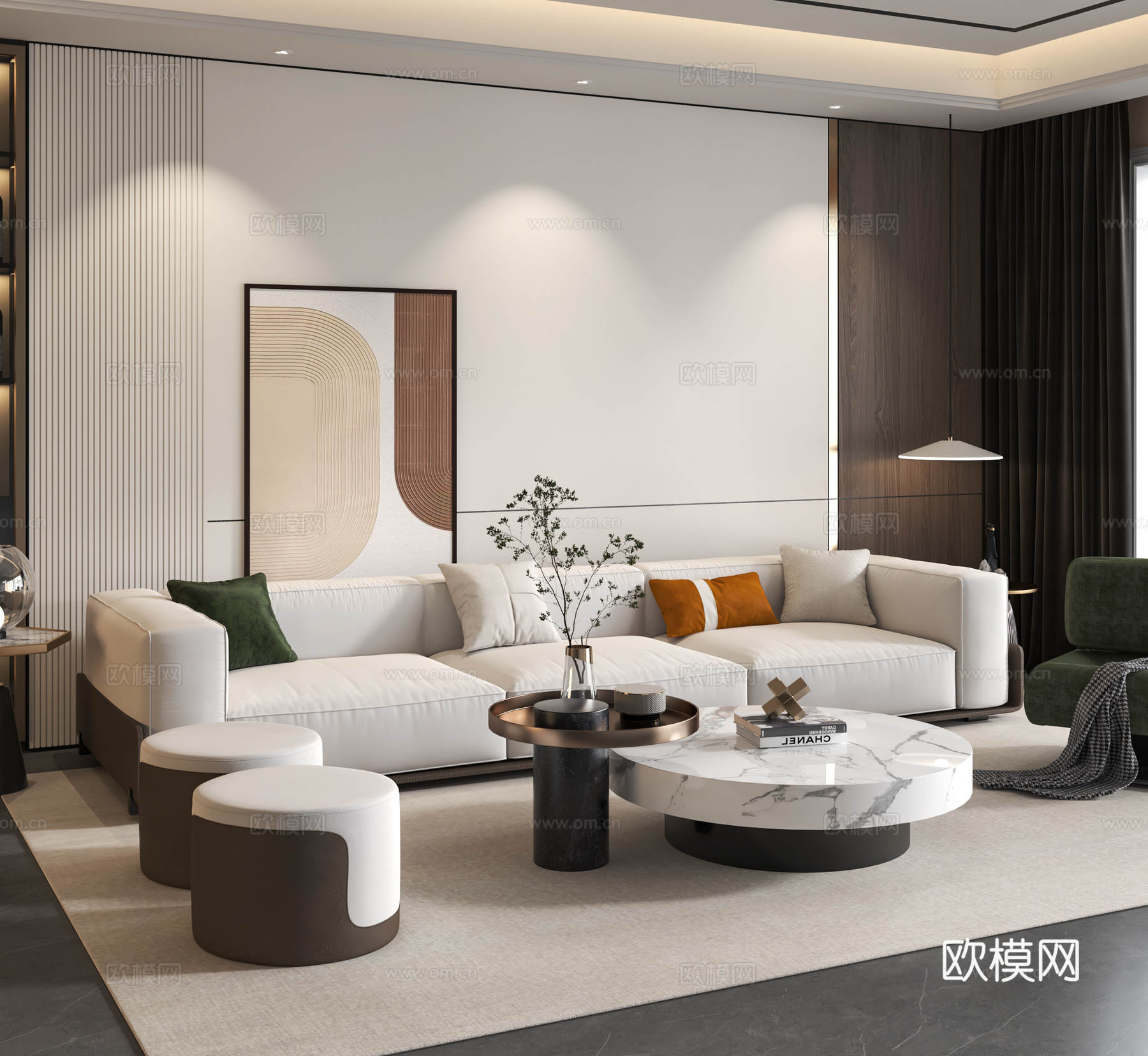 现代客厅 意式客厅 沙发背景墙 轻奢风格 布艺沙发 高级灰3d模型