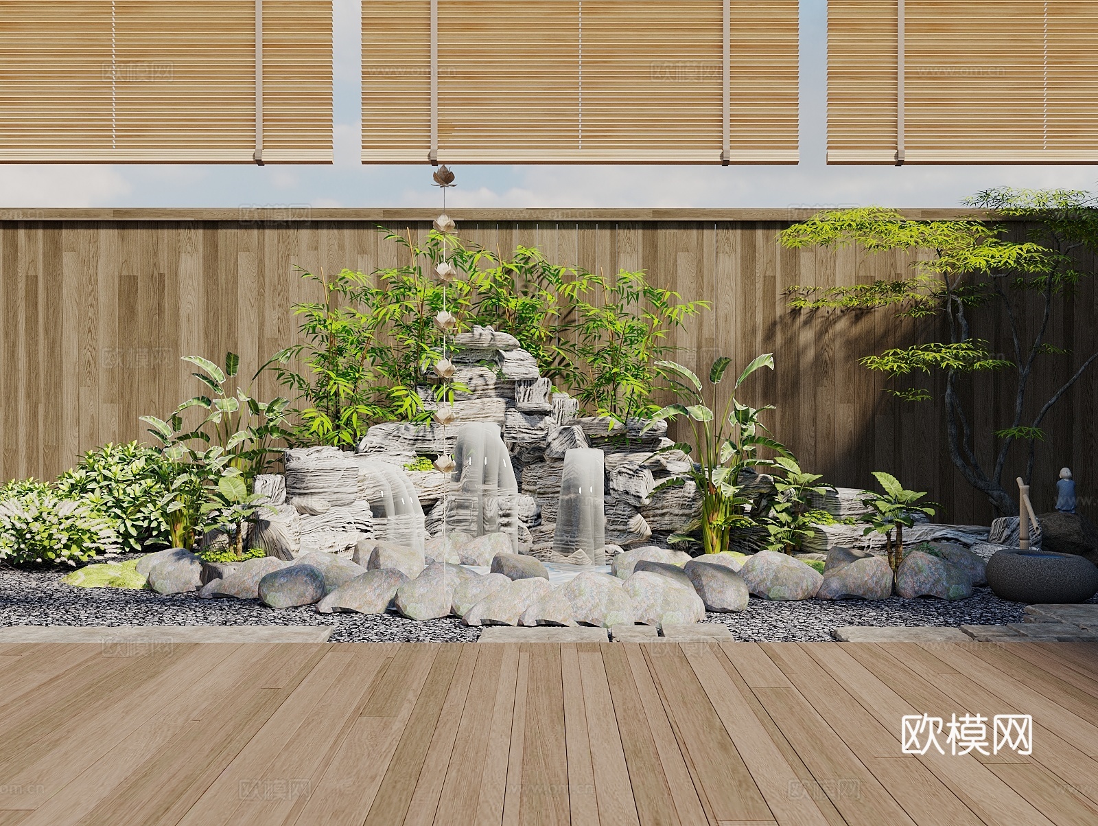 中式假山水景 假山叠水 水景 跌水 景观水池 景观石3d模型