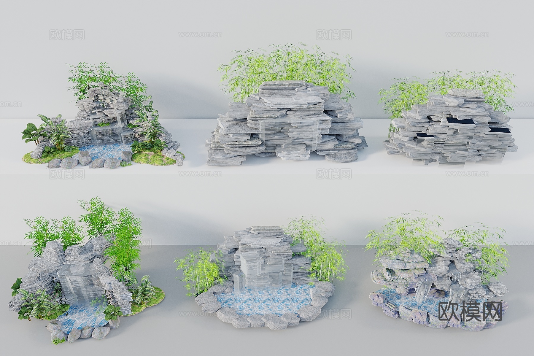 中式假山水景 假山叠水 水景 跌水 景观水池 景观石3d模型
