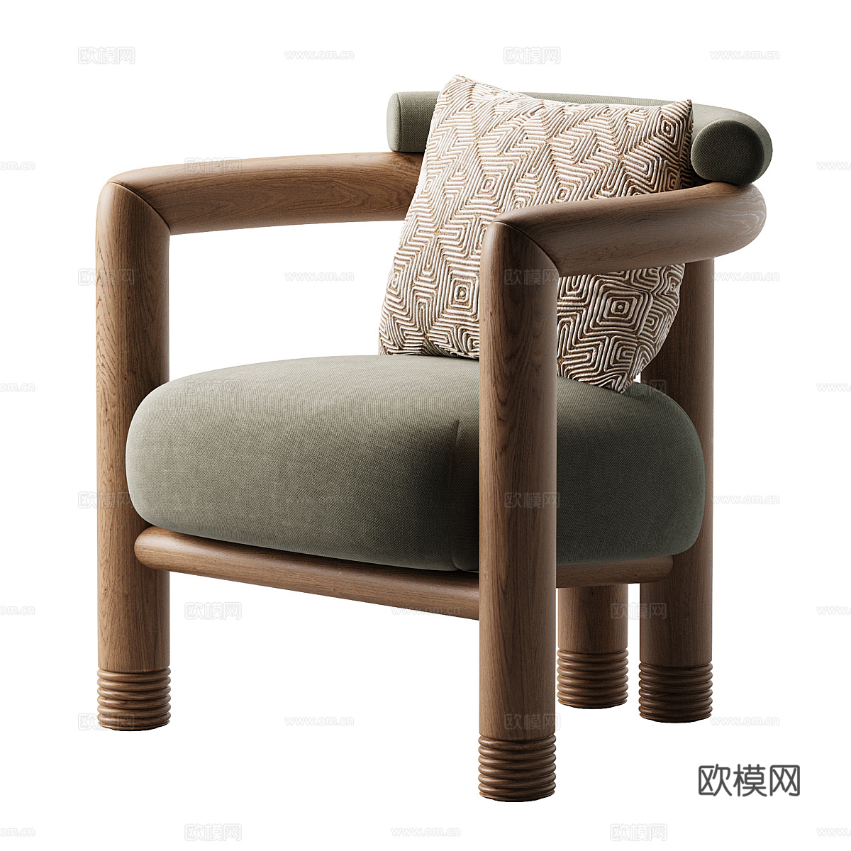 新中式中古风木质布艺扶手椅3d模型