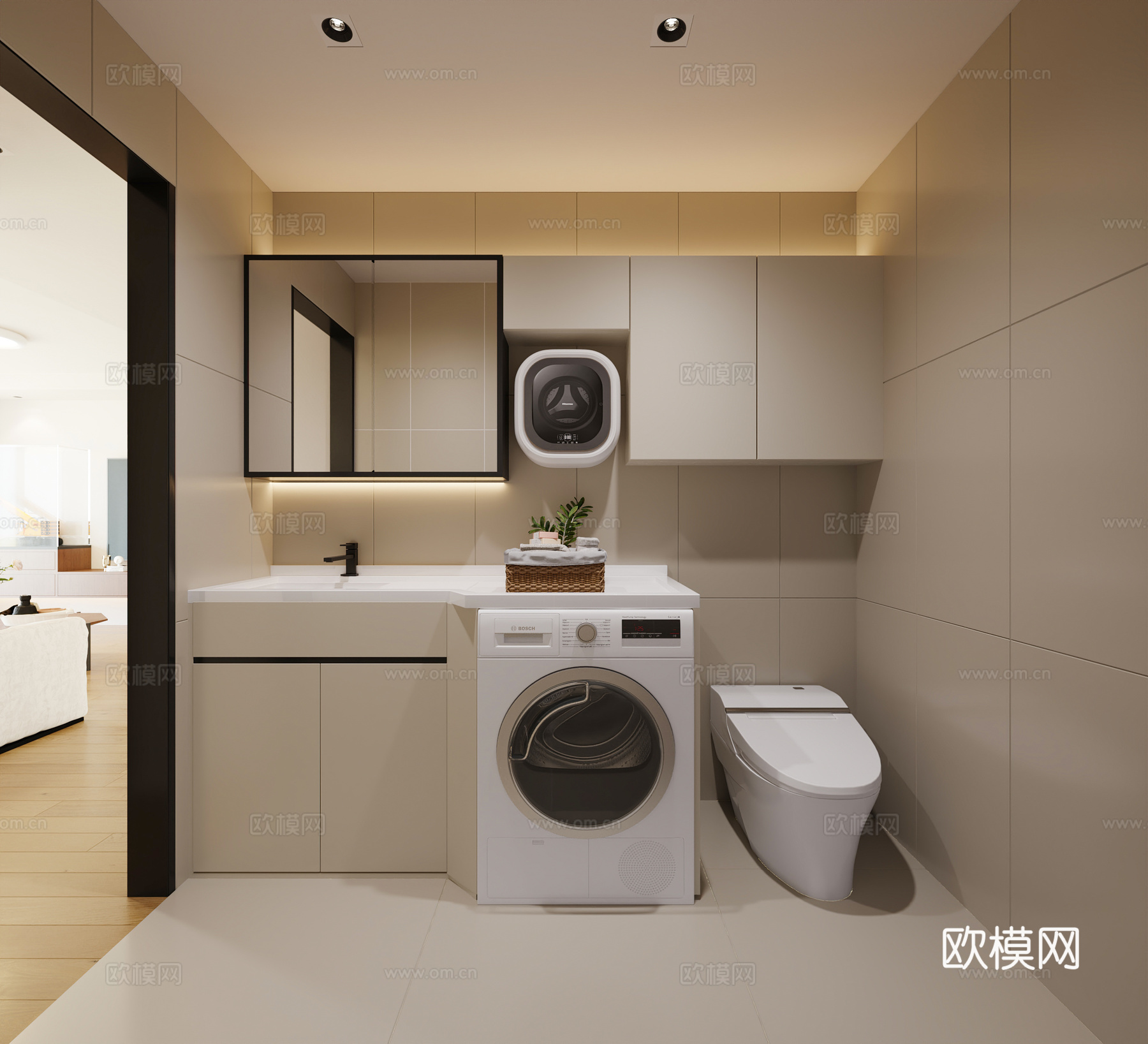 现代洗衣房 卫生间 奶油风洗衣房 洗衣机柜 挂壁洗衣机3d模型