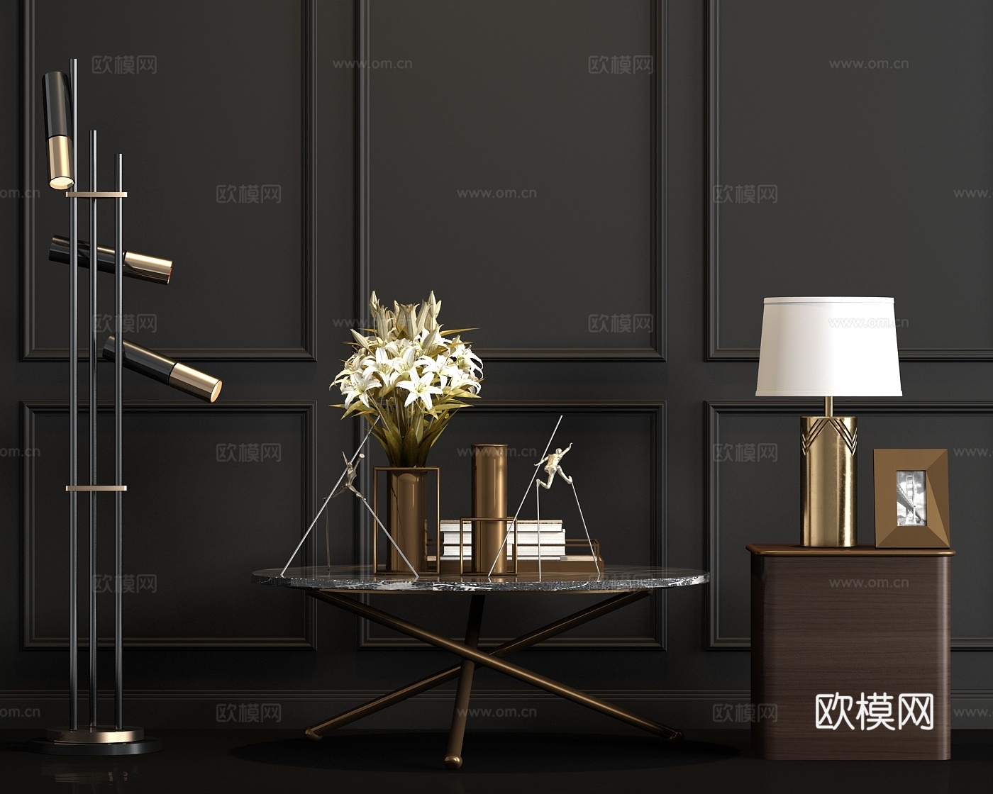 现代金属皮革茶几落地灯角几饰品组合3d模型