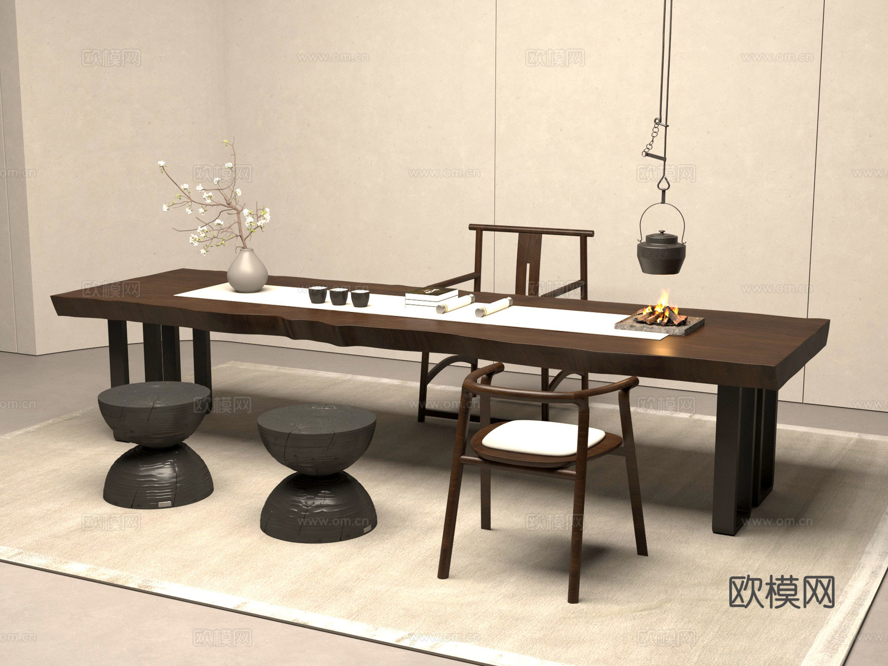 中式 桌椅 茶桌椅 茶几 茶具3d模型下载（渲染图1）