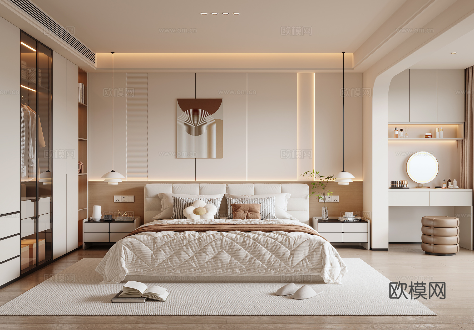 现代奶油风卧室3d模型下载