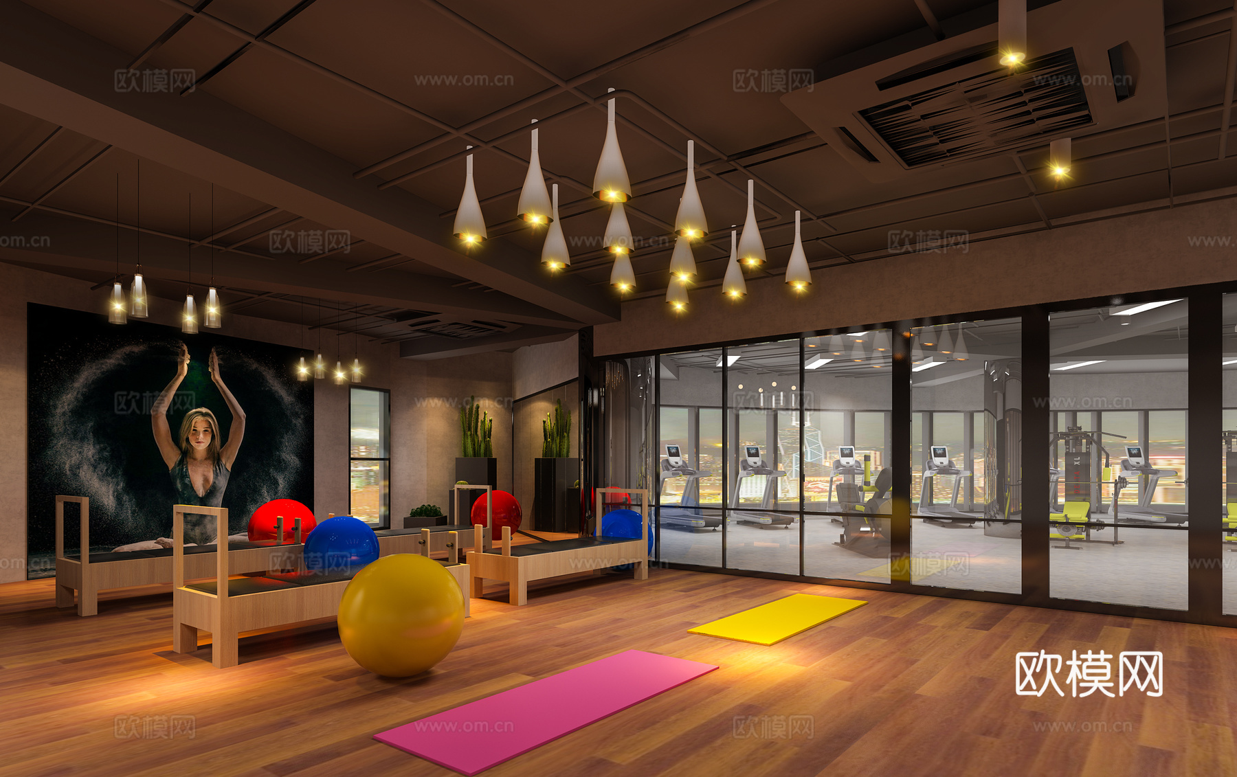 工业风瑜伽室 健身房 吊灯 温馨3d模型