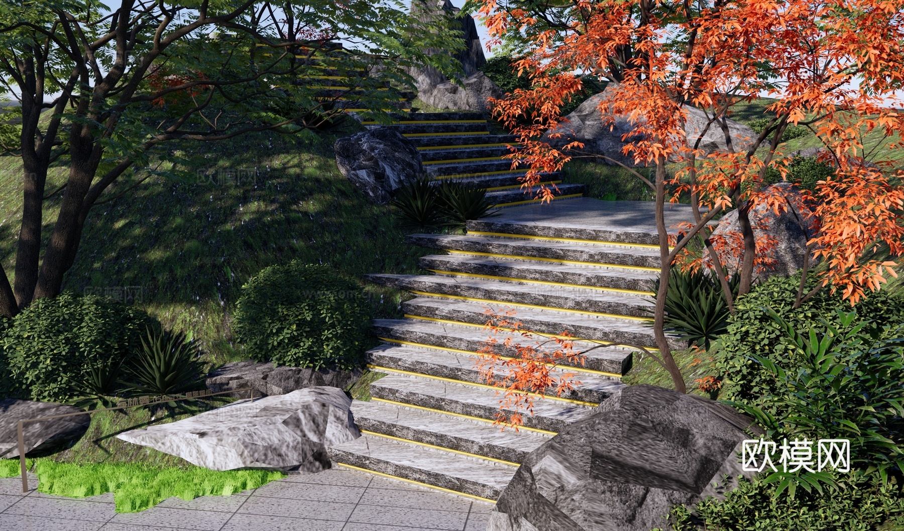 现代台阶景观 景观石阶 景观石头组团 庭园假山置石 苔藓石su模型