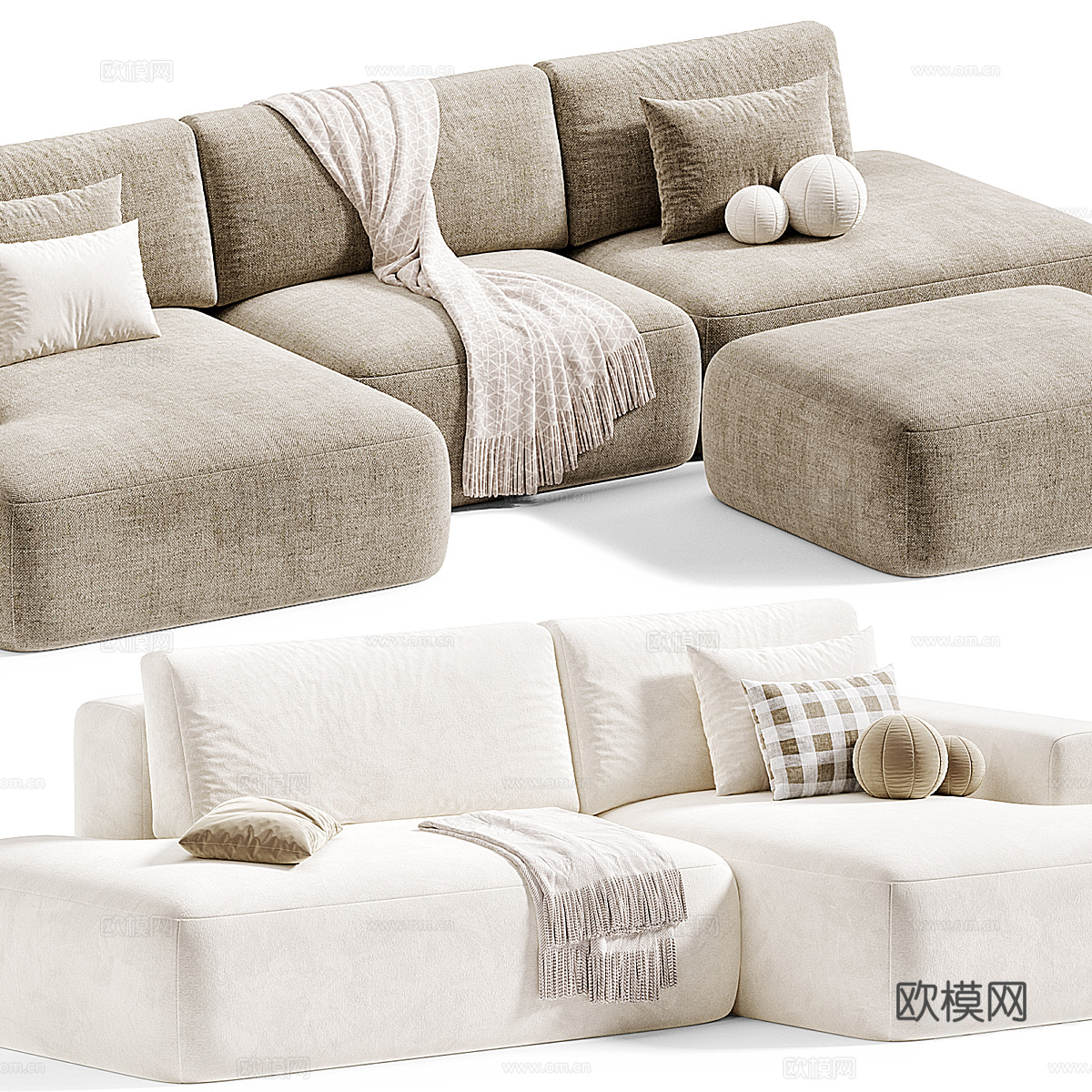 现代奶油风布艺组合休闲沙发3d模型