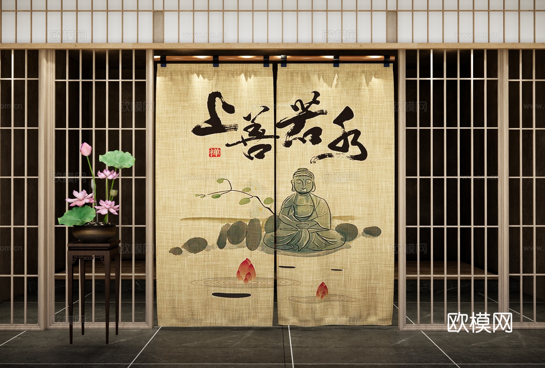 新中式门帘 茶室布帘 窗帘 隔断 屏风 布帘隔断 门帘屏风su模型